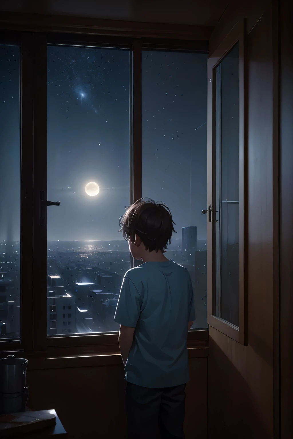a beautiful young boy gazing out a window, city lights in the distance, night sky filled with stars and a bright moon, cinematic dramatic lighting, moody and atmospheric digital painting