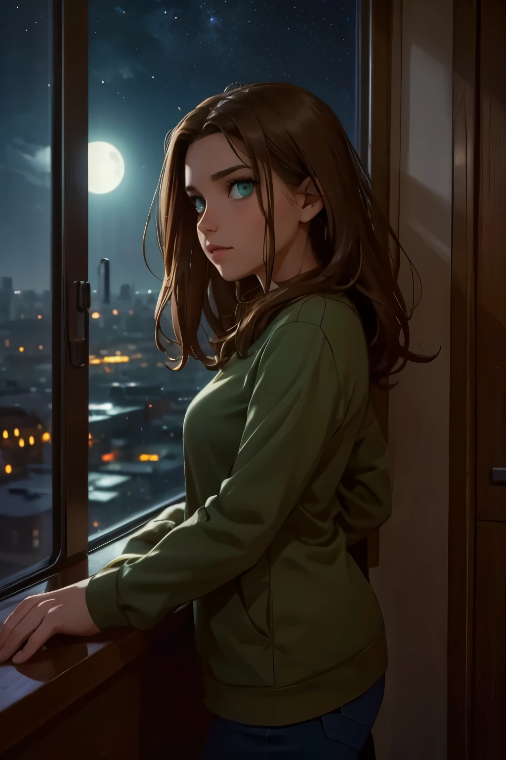 beautiful girl, dark green eyes, brown hair, looking out window the city lights, night sky, stars, moonlight, digital painting, cinematic lighting, dramatic, moody, atmospheric