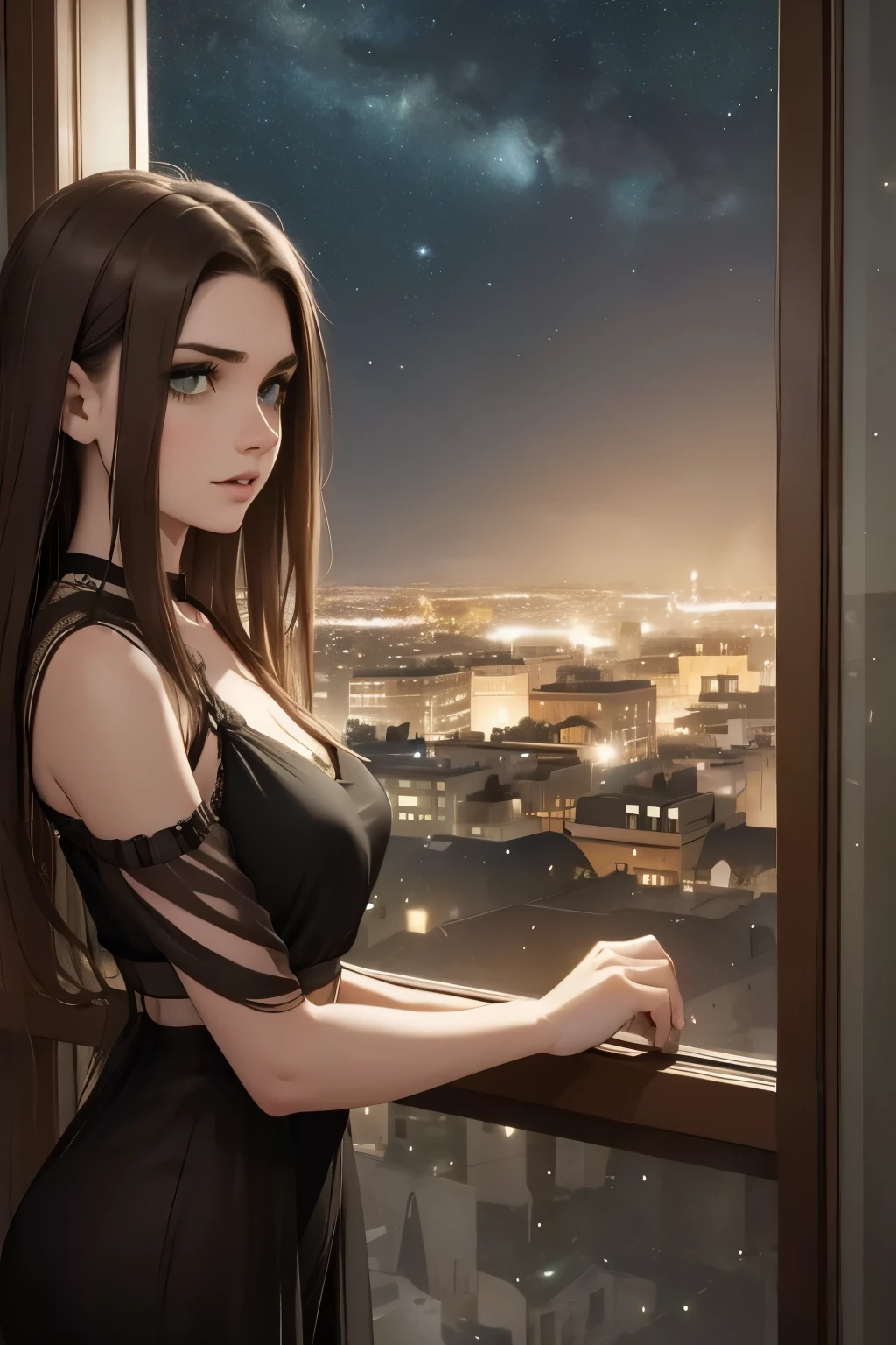a beautiful young woman with dark green eyes and brown hair, looking out a window at the city lights and night sky filled with stars under the moonlight, cinematic digital painting with dramatic and moody atmospheric lighting