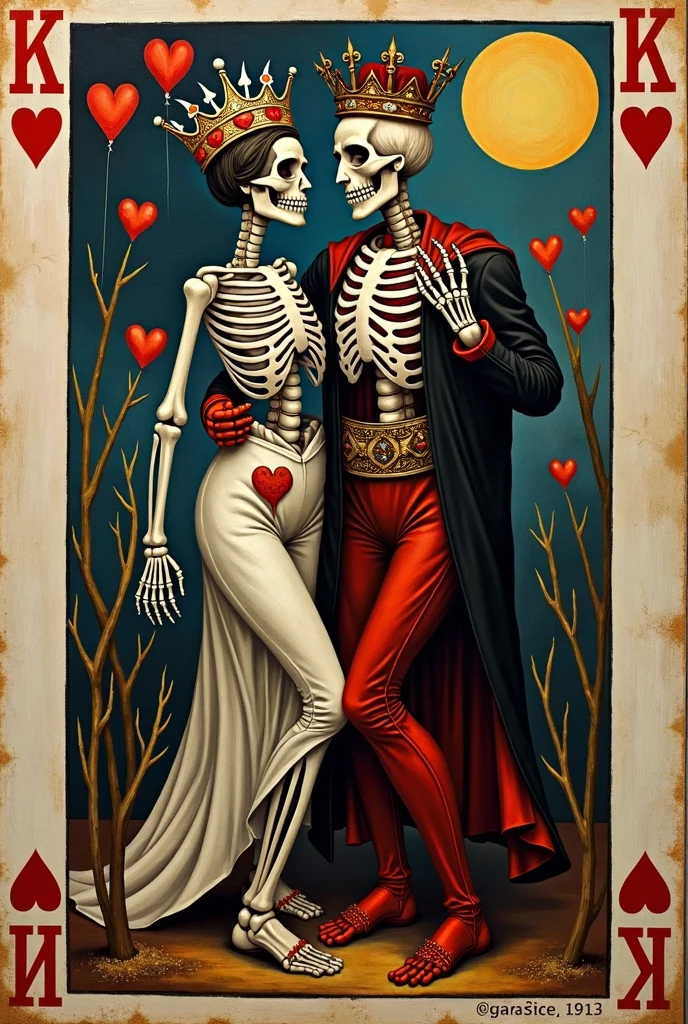 on parchment "Happy Halloween", a Halloween postcard featuring skeleton lovers kissing, gothic, dark, eerie, horror <lora:ParchartXL-1.2.1:1>