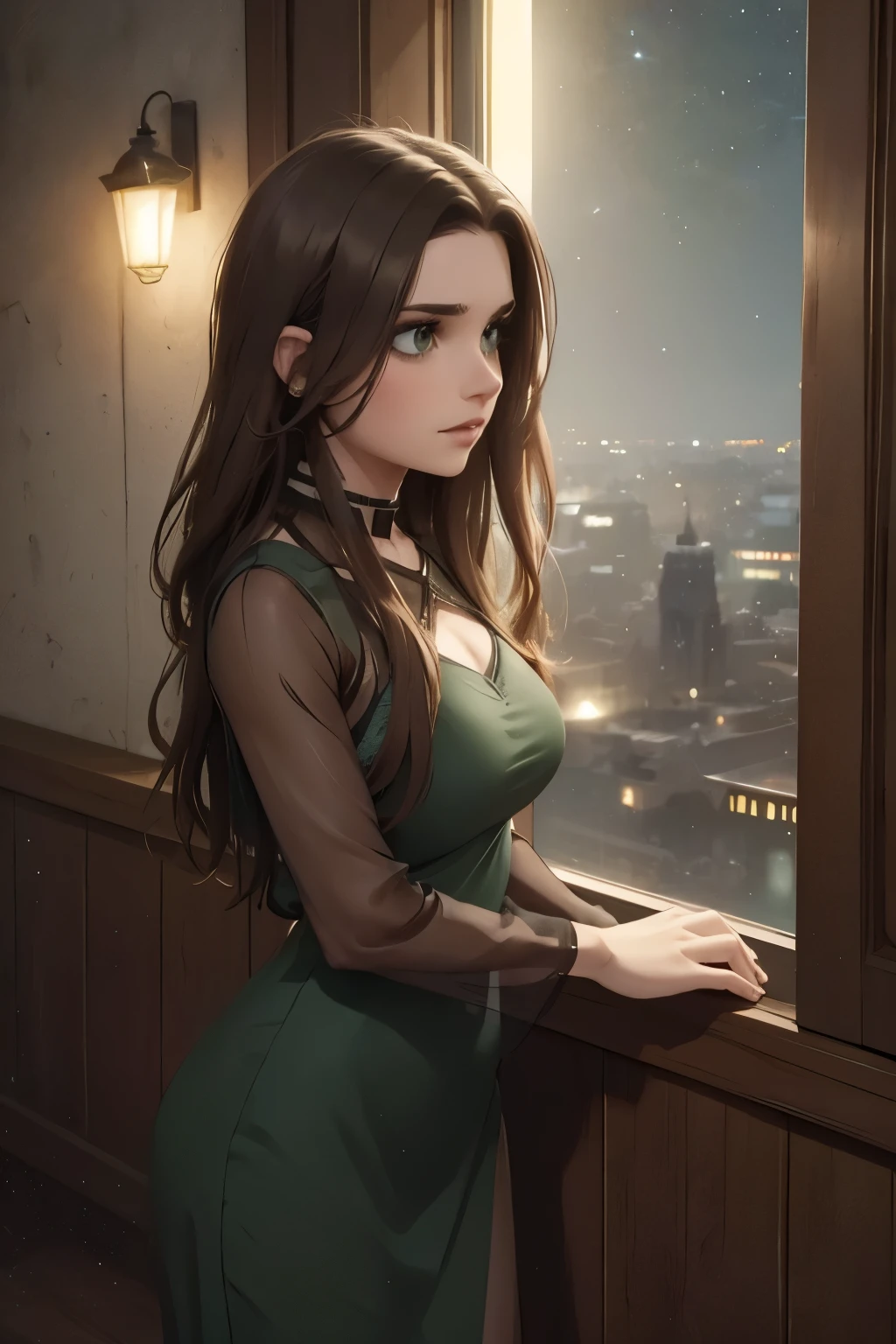 a beautiful young woman with dark green eyes and brown hair, looking out a window at the city lights and night sky filled with stars under the moonlight, cinematic digital painting with dramatic and moody atmospheric lighting