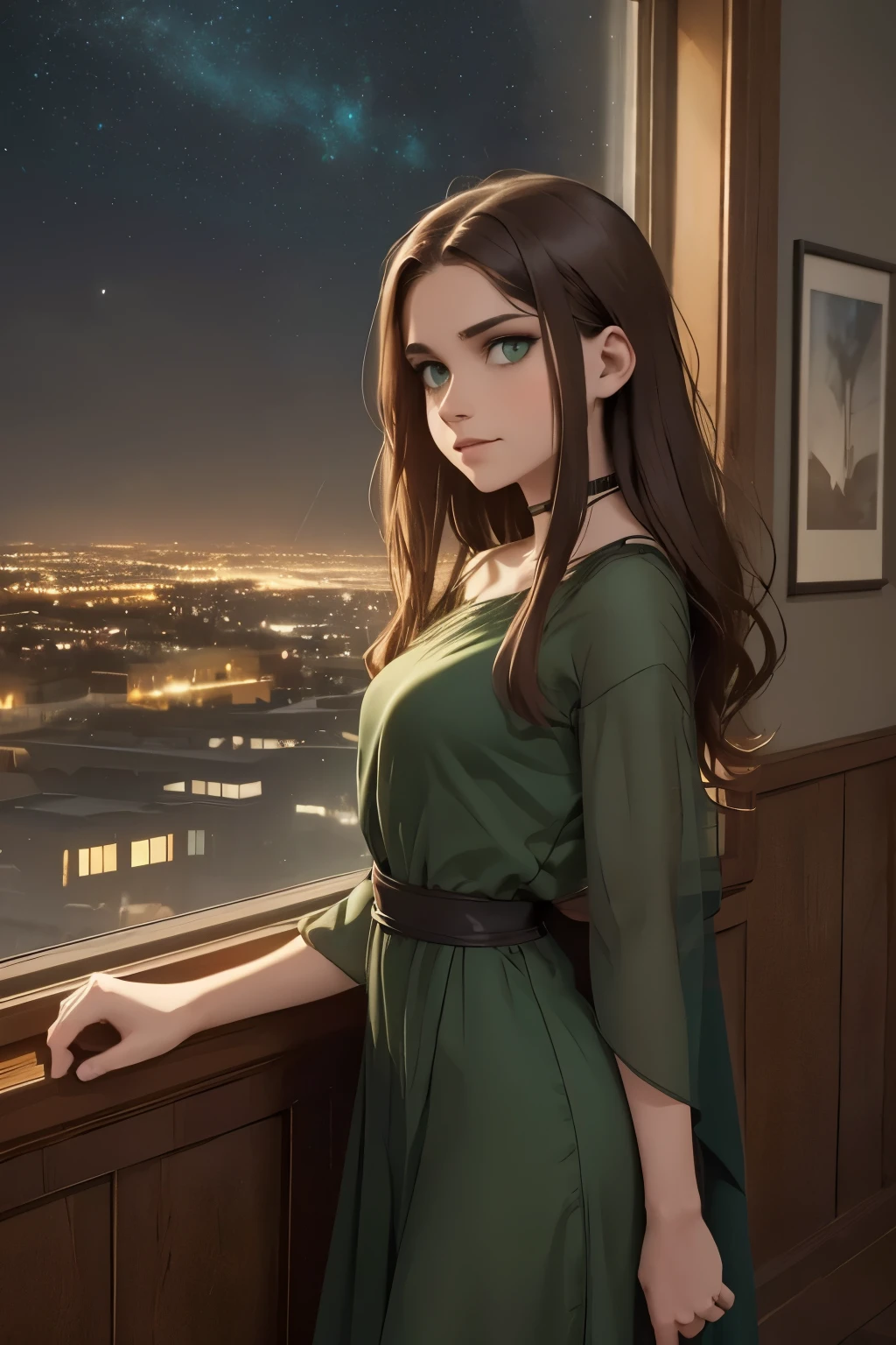 a beautiful young woman with dark green eyes and brown hair, looking out a window at the city lights and night sky filled with stars under the moonlight, cinematic digital painting with dramatic and moody atmospheric lighting