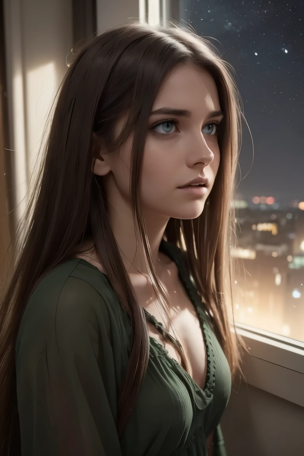 a beautiful young woman with dark green eyes and brown hair, looking out a window at the city lights and night sky filled with stars under the moonlight, cinematic digital painting with dramatic and moody atmospheric lighting