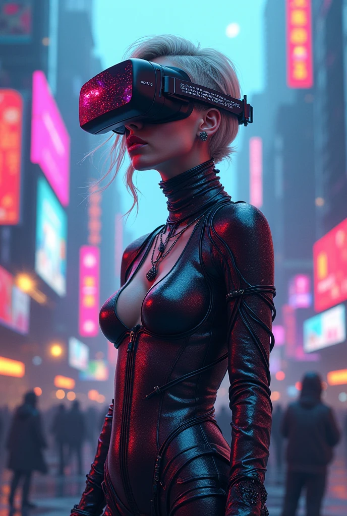 ((best quality)), ((masterpiece)), (detailed), (((perfect face))), beautyful face, one hot curvy asian girl, stocking, (((there is a cyberpunk city in the background))),((big boobs)), ((black and red latex cyber ninja dress)), ((her clothes are very torn in several places)), (((detailed face))), ((black red latex lingerie)), (((detailed eyes))), perfect body, ((good anatomy)), (((big tits))), (((grau hair))), (her eyes are covered by a VR Gaming Headset)