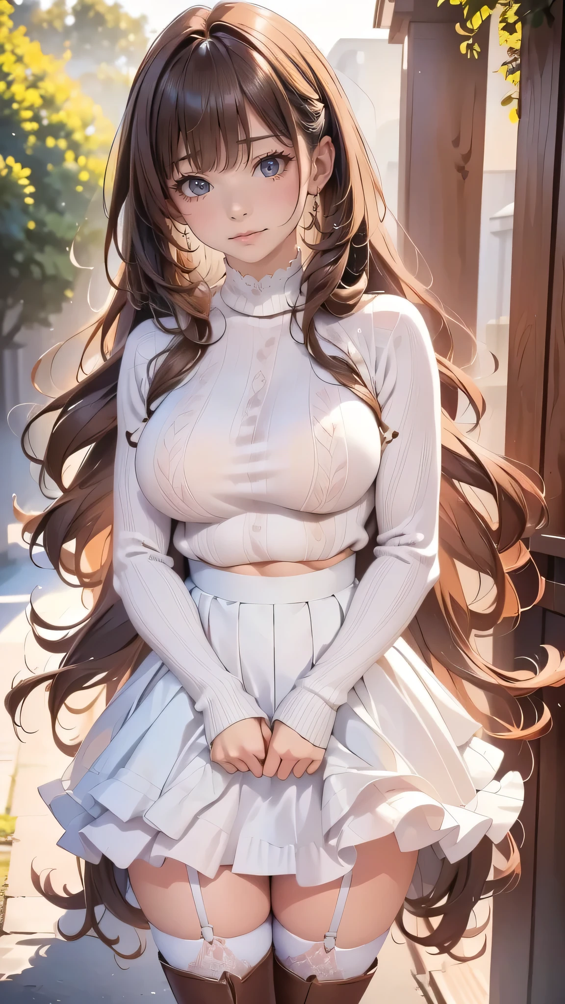 best quality, 32k, RAW photo, incredibly absurdres, extremely detailed, delicate texture, cute woman, (glossy light brown fluffy flowing layered side blow bangs medium hairstyle), wearing fluffy long-pile knit sweater, fluffy skirt, skirt lift, stocking, fluffy long boots, amorous and lewd expression, superlative body proportion, background pastel color