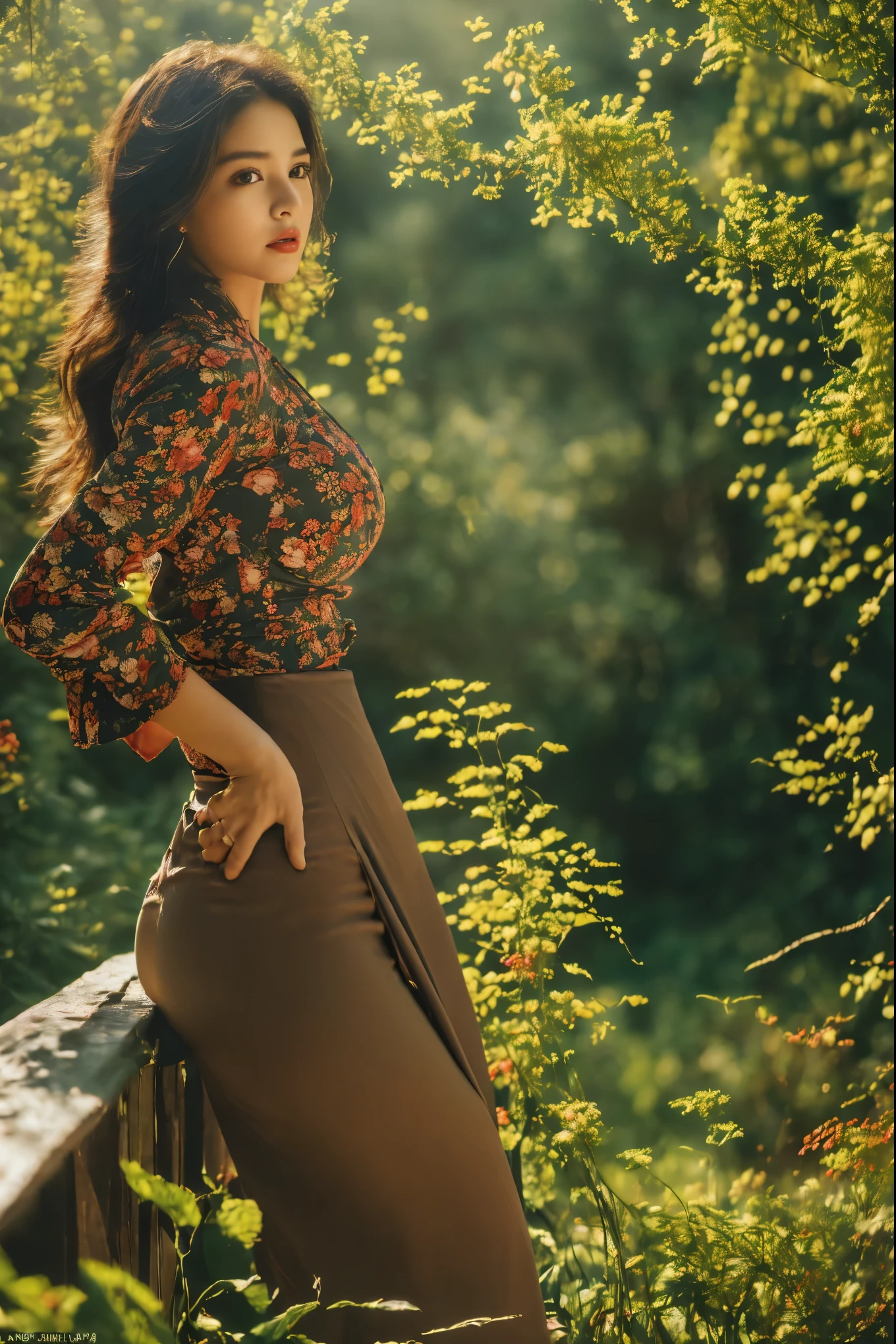 ((Best Quality, 8k, Masterpiece:1.3))), Crisp Focus: 1.2, (Beautiful Woman with Perfect Figure: 1.4) , (acmm ls outfit, dark red acmm top, wearing acmm long skirt, dark red acmm long skirt, printed skirt,)、Long black hair、((((Gigantic Breasts)))Raw photo、Doppelganger、( portraits), standing,ass focus ,front view,In the floral plants forest background ,film effect 、best position,best composition, perspective view, ultra wide view,(best quality,4K,8K,highres,masterpiece:1.2),ultra-detailed,(realistic,photorealistic,photo-realistic:1.37),HDR,studio lighting,sharp focus