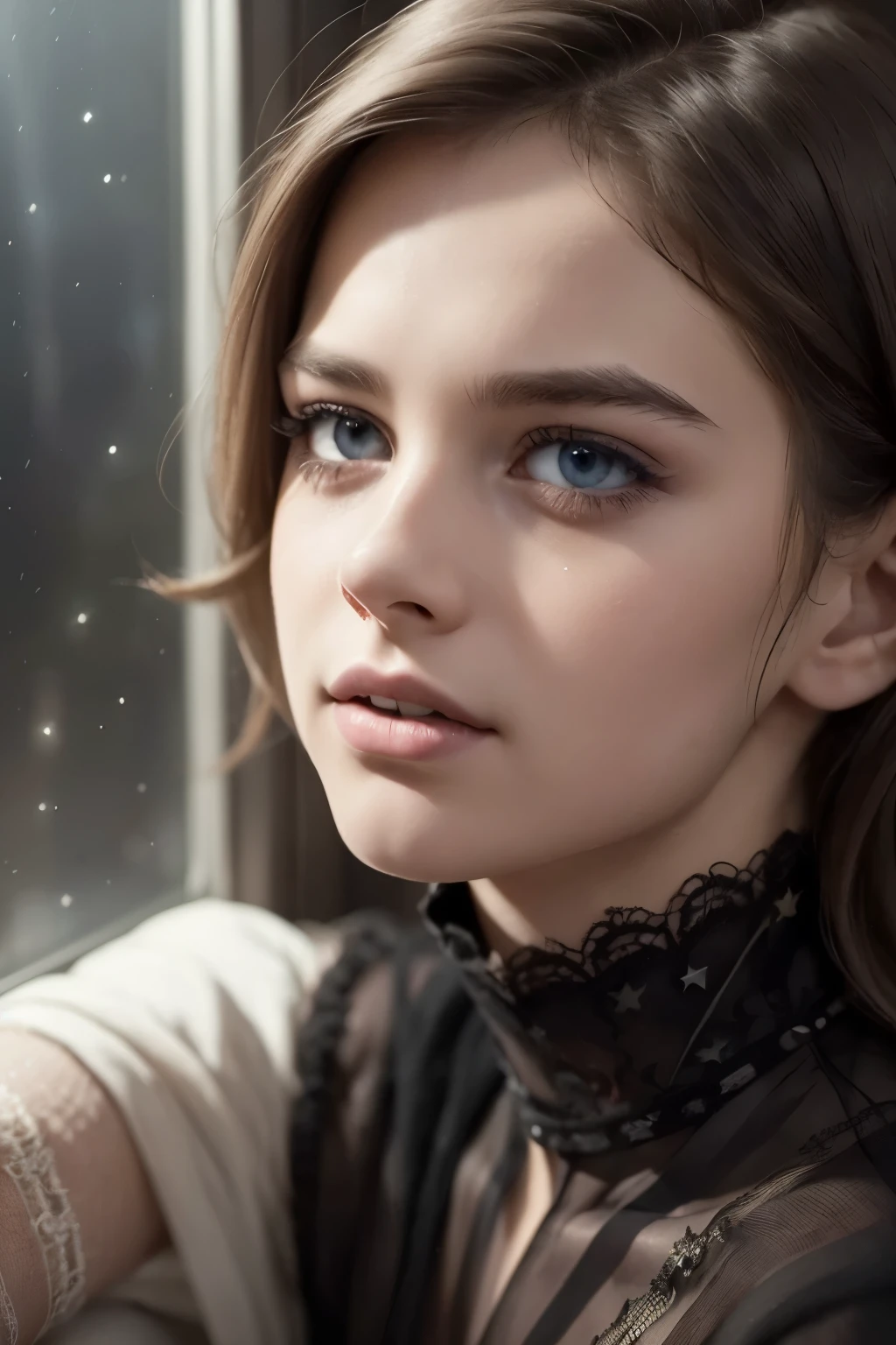 a beautiful young boy, detailed facial features, beautiful eyes, long eyelashes, soft lips, looking out a window at the city lights and night sky filled with stars under the moonlight, cinematic digital painting, dramatic and moody atmospheric lighting, realistic, photorealistic, 8k, high quality, masterpiece, concept art, hyper detailed, vivid colors, chiaroscuro lighting, romantic, emotional, introspective