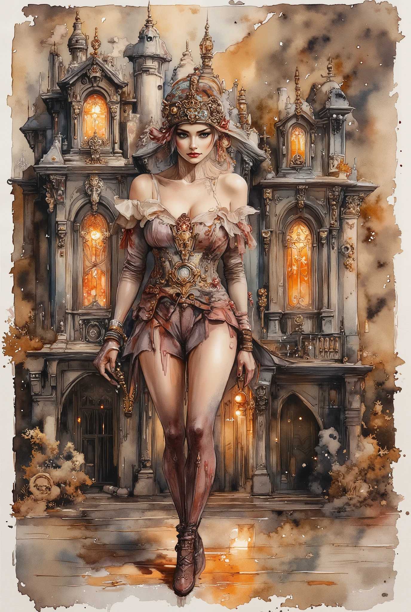 Create a watercolor and alcohol ink painting in anime style with soft shadows and realistic details. The lighting is soft and diffused, emphasizing delicate features and textures, with a pastel orange and black color palette. The canvas texture is visible, and the background is slightly blurred. The scene takes place in a Victorian steampunk universe. Two elegant, charismatic, and imposing women stand in front of a majestic steampunk castle. One wears a short corset dress adorned with medals and gears, while the other wears a short dress with epaulettes, utility belts, and stylish boots with stockings. The castle in the background features towering metallic spires, smoking chimneys, and stained glass windows illuminated by warm light. Giant gears and decorative pipes adorn the facade, adding an industrial touch to the scene.
