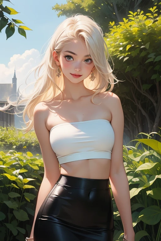 (lifelike, high - resolution:1.3), 1 girl with a perfect body,slender body, Super fine face and eyes,assasin, dark makeup, shiny skin,white hair, Tank top of random colors:1.2, short jeans,Expose cleavage