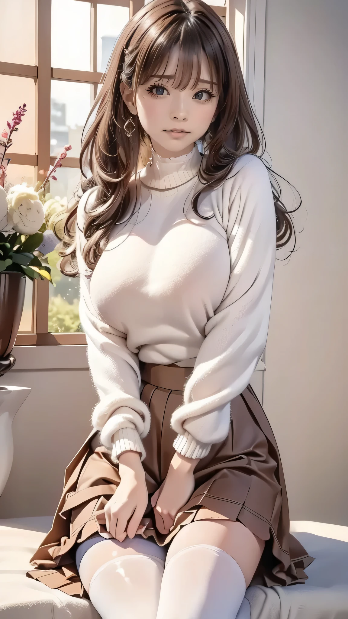 best quality, 32k, RAW photo, incredibly absurdres, extremely detailed, delicate texture, cute woman, (fluffy layered side blow flowing glossy medium hair), wearing fluffy long-pile knit sweater, fluffy skirt, skirt lift, pantyhose, fluffy long boots, superlative body proportion, background pastel color