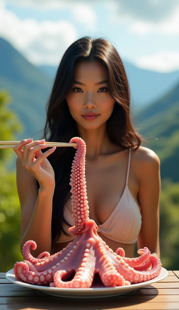 A Japanese woman in a swimsuit is suffering from an elephant's trunk sticking out of her stomach.