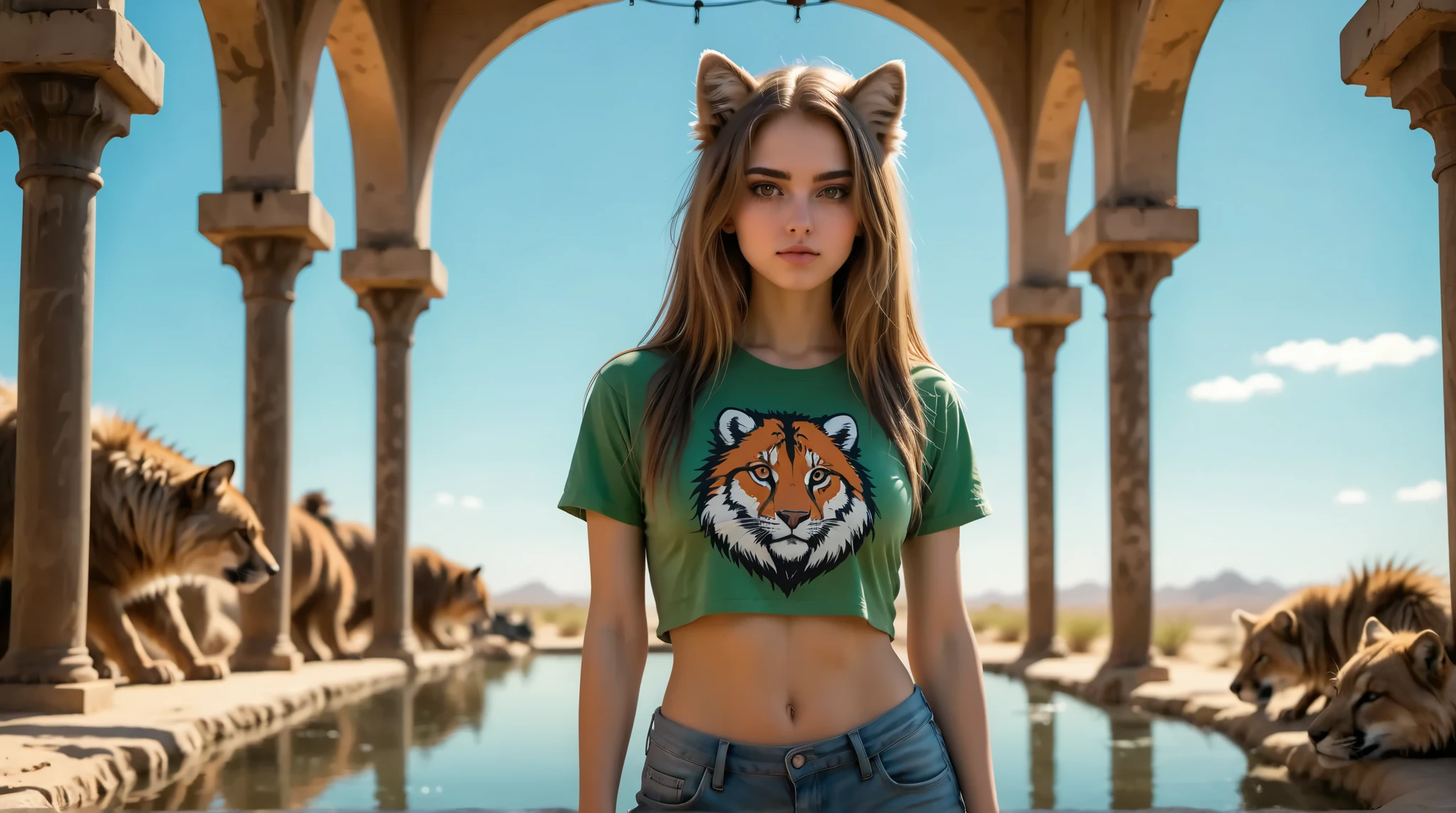 woman wearing an outfit made out of animal furs and a t-shirt
BREAK
She’s standing in a oasis. Great scenery.
epic fantasy dystopian sci fi illustration.
BREAK
Perfect anatomy.
perfect hair.
perfect large breast.
perfect body.
perfect hands.
perfect face.
perfect eyes.
accurate.
anatomically correct.
BREAK
Sony A9 II and a 85mm f/1.8 GM lens.
early-morning sunligght.