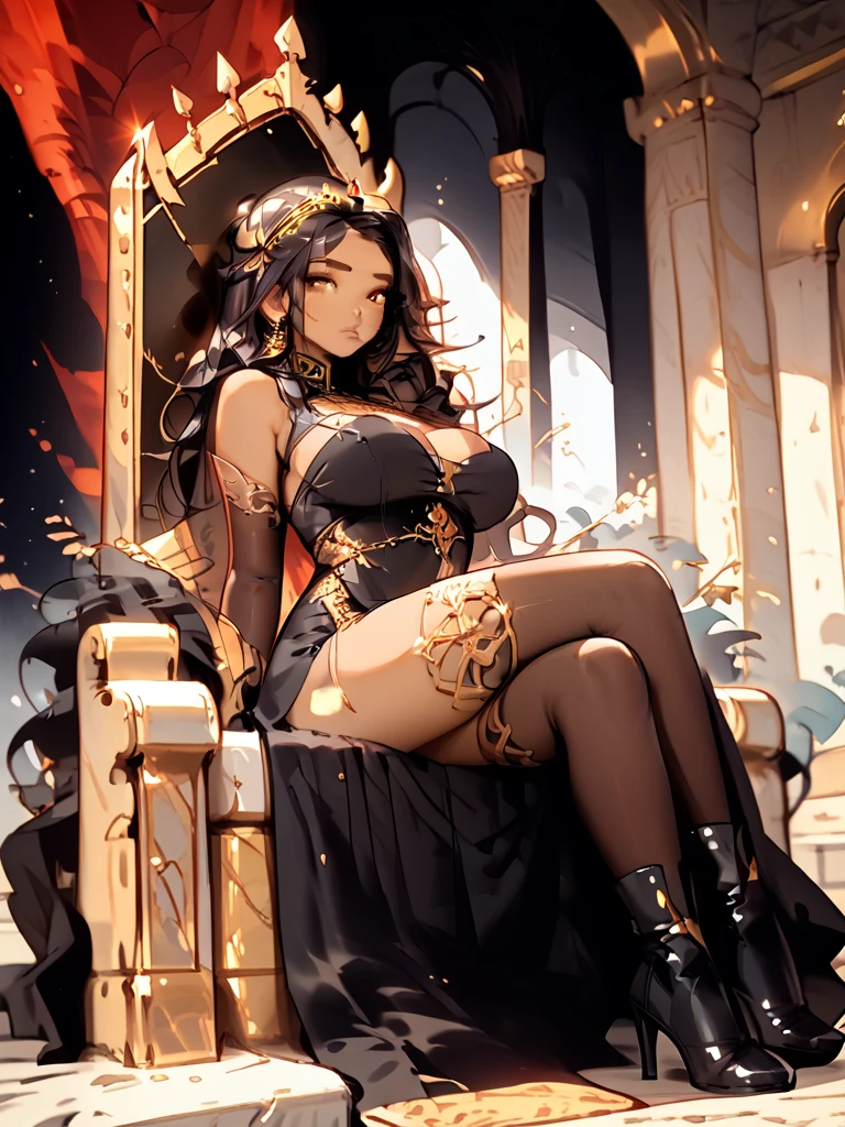 A goddess with black cascading hair and exquisitely proportioned curves sat gracefully on an ornate throne. Her ample bosom, with its generous cleavage, was accentuated by the low-cut, shimmering gown she wore. Her svelte waist contrasted dramatically with her voluptuous thighs, each clad in thigh-high stockings that added an alluring touch to her divine appearance. The goddess closed her captivating eyes, lost in thought as she pondered the mysteries of the universe. Her image, bathed in divine ethereal light, was a breathtaking sight, a testament to beauty and power. (Maximum quality, dramatic lighting