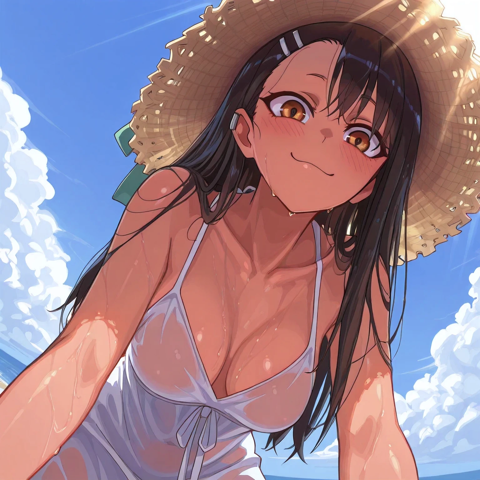(super flat, flat hatching, flat colors:1.1), (Seaside), 1 girl, Small, 12 years, slim, beautiful breasts, (tanned skin:0.6), long light hair, Blue eyes, topless, straw hat, , smile, wind, blue sky, Bright sunlight, The best shadows, watercolor, Without clothing