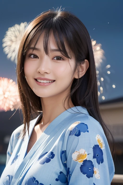 (1 Girl )、(Beautiful Japanese、18years old,round face、Refreshing、clear、seems kind、stylish、Pitiful、cute like an angel、cute、black eyes、(Single eyelid:1.3)、Beautiful skin), {(Japan human face:1.5),(General facial features)} , (((Beautiful breasts:0.4))),(((soft breasts))),(medium long hair),(enchanting eyes),(highlight on eyes:1.2)、(8K、Live shooting、highest quality、masterpiece:1.2、optimal lighting)、((masterpiece)),(Photo taken by a professional photographer),(real、photo real:1.4),BREAK,{(Japanese Yukata),(kimono),(Floral)},(cheeks are red:1.3), BREAK, Looking up at the sky、Happy face,smile、buzzer、(((1970s vibe)))、night,fire works,profile、,(((firework)))、night,night空にきれいなfirework,squattinng,smile:1.4