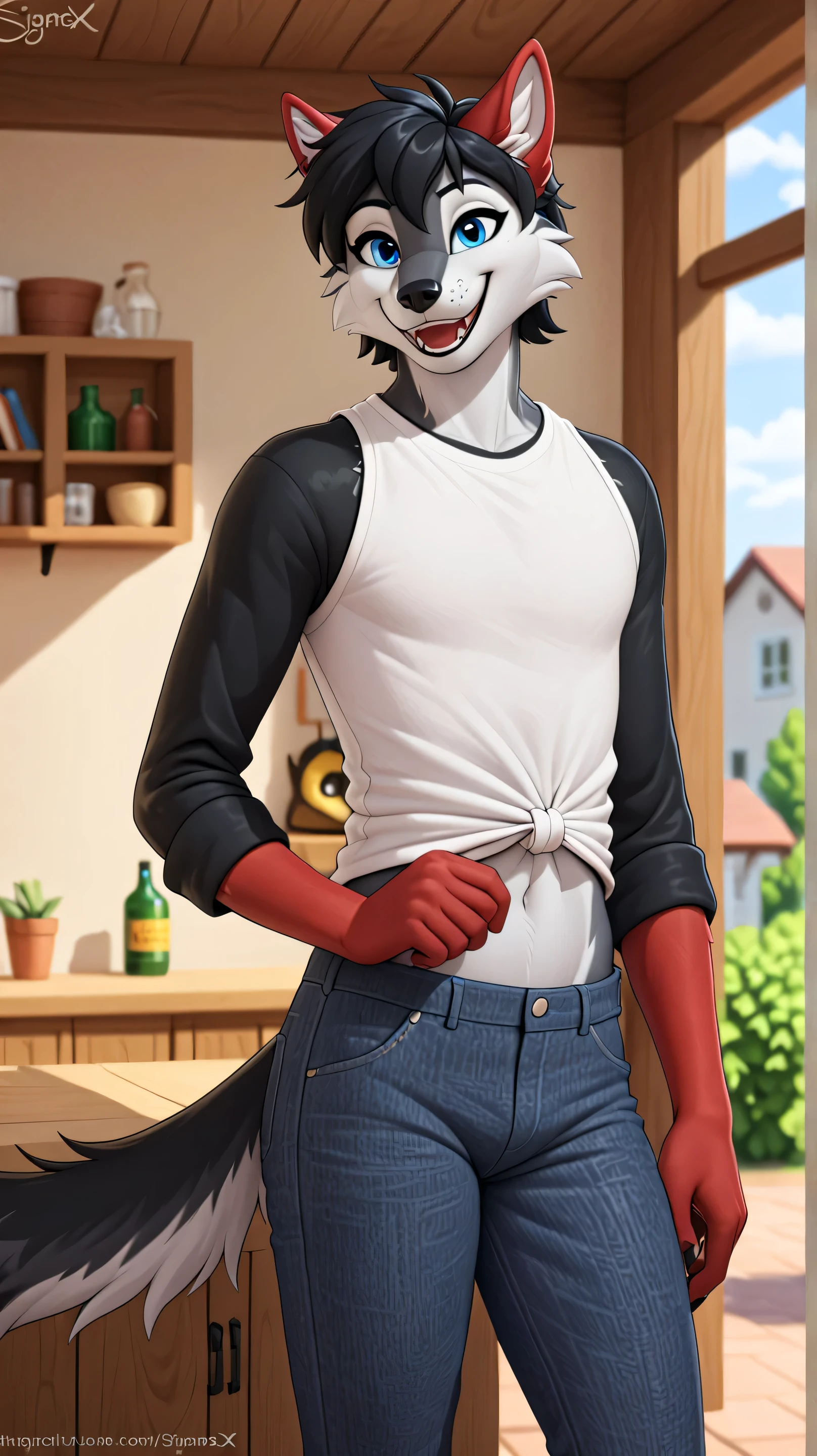 uploaded to e621, by sigma x, Alone, anthropology, High resolution, masterpiece, the best quality , Detail, high details, femboy, lobo, wolf ears, red ears, black fur , short hair, black hair, blue eyes, laughing, smile, watching the spectator, Heroic pose , Clothes, Clothes ajustada, Clothes femboy, interior of the house , blurred background