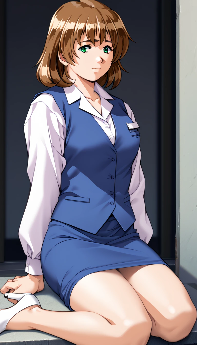 high quality,masterpiece。Cute brown-haired woman,high school girl,The hairstyle is short hair,bob cut。She stands upright with her face and body facing the viewer,true identity。her hands are empty,Both hands are not posed。she looks tall。Her breasts are huge and very big,Good style。she is smiling with a cute face。Clothes: dark blue school uniform,navy blue blazer,navy blue skirt。black stockings on both legs。she is standing,The place I'm standing is the classroom。