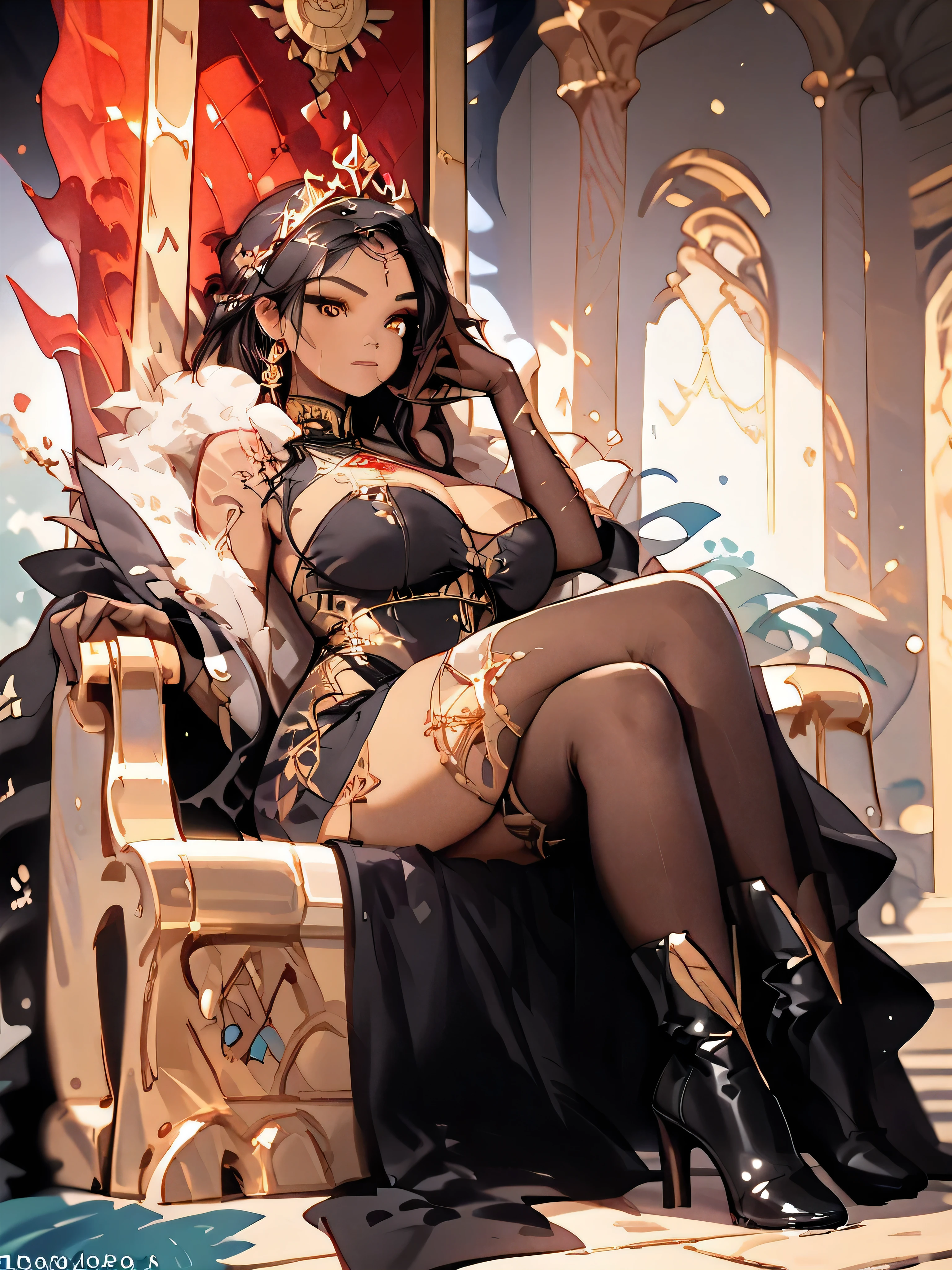 photorealistic, chinese gorgeous royal style, princess, tight mini chinese dress, (on a throne, spread legs, lift up skirt, show off panties), (perfect anatomy), 8k, raw photograph, best quality, masterpiece, detailed character and face, detailed patterned random color sexy panties, 1girl, full body concept, center of screen, stiletto heel, large presence jewelrys accessaries, tiara, hair ornaments, earring, bracelets, anklets, trinkets, smoky makeup, eyeshadow, heavy makeup, lens flare, film grain