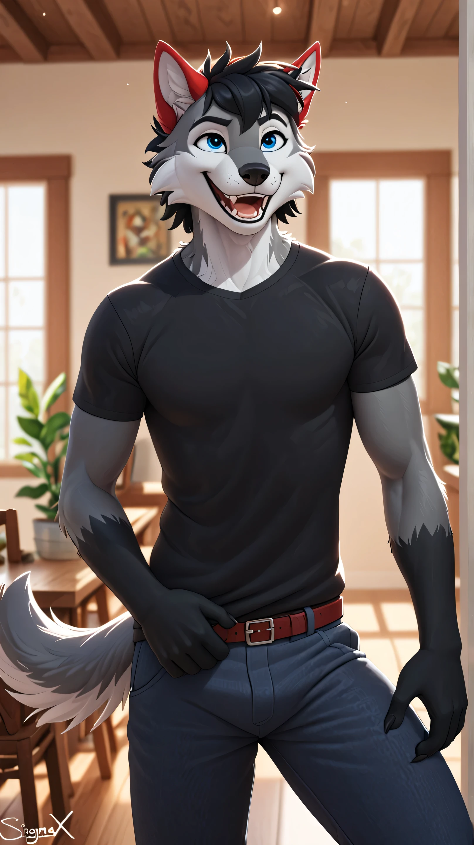 uploaded to e621, by sigma x, Alone, anthropology, High resolution, masterpiece, the best quality , Detail, high details, femboy, lobo, wolf ears, red ears, gray fur, grey face, black hands, short hair, black hair, blue eyes, laughing, smile, watching the spectator, Heroic pose , Clothes, Clothes ajustada, Clothes femboy, interior of the house , blurred background