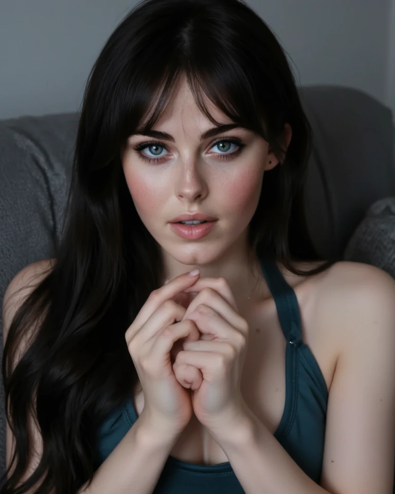woman, beautiful face, perfection face, blue eyes fully black hair, pale white skin, little smile, sexy, perfection, Face zoom in, Take the photo close to your face against a completely white background wall, , highest quality, detailed, Canon EOS 80D Photo, Tall face, indoor, ((silk dress lingerie))
1 girl, alone, chest, smile, large chest, black hair, dress, cleavage, Please look at me, leaning forward, freckles, realistic, ripped off nightgown,random idiot hair,((Bodycon shiny glossy yellow))