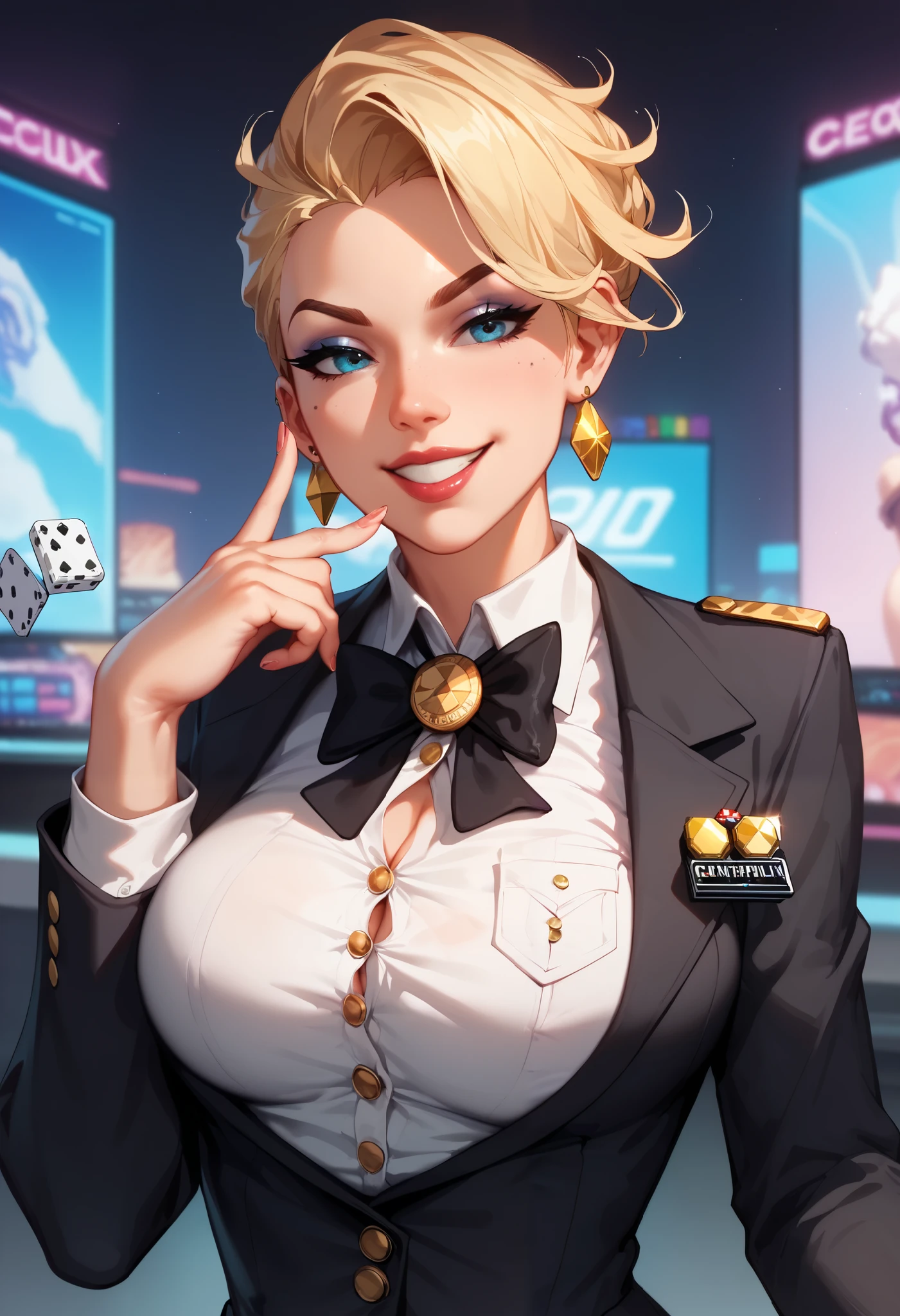 Создайте изображение женщины waist-deep , waist-deep , the body is visible, heads of monopoly, art deco or noir heads of monopoly . She is dressed in a strict, to participate but a luxurious business suit (For example, dark jacket with gold buttons ), emphasizing her high status . She holds dice in one hand, game cubes , different — points forward , as if inviting . The facial expression is confident , with a slight smirk . with one hand. The main goal is to show her as a powerful and successful leader, skyscrapers calling for contributions to monopoly