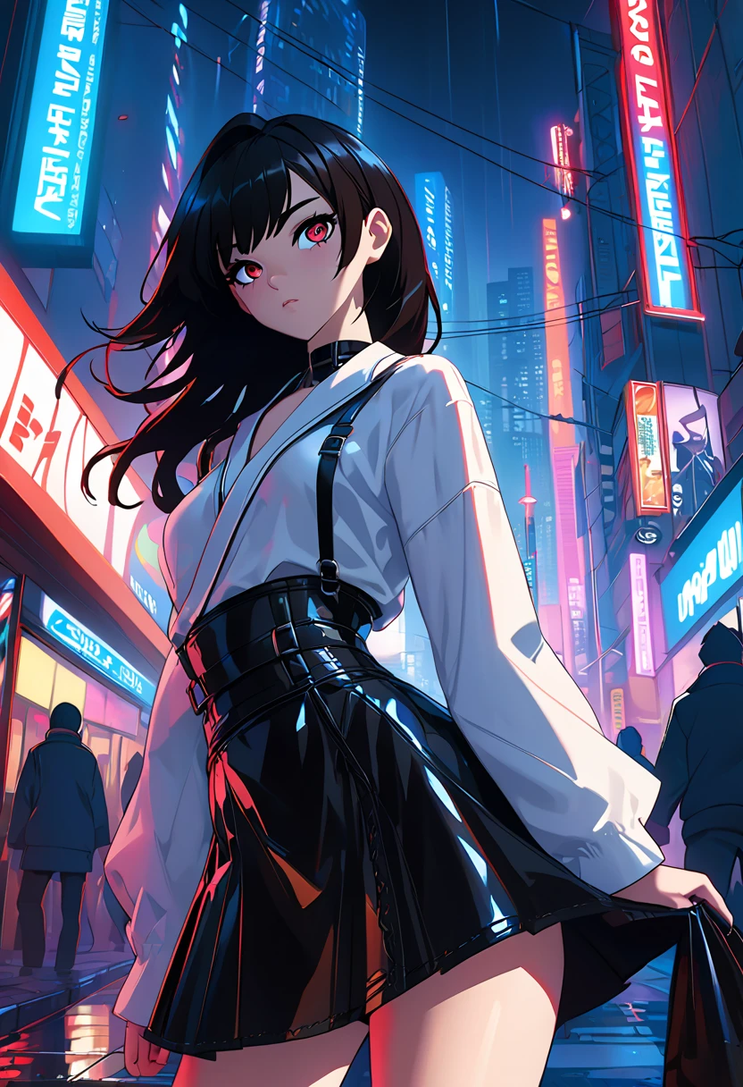 masterpiece, best quality, HuTaoV4, 1girl, solo, blush, twintails, long hair, hair between eyes, ((streetwear clothes)), city, outdoors, night, movie poster, extremely detailed 8K, smooth, high resolution, ultra quality, cinematic lighting, ambient occlusion, hd, 2k, 4k, 8k, 16k, extremely detailed anime, detailed faces, perfect composition, wide shot, atmospheric lighting, very sexy, lift skirt, random low back angle, uncensored, nsfw, sin censura