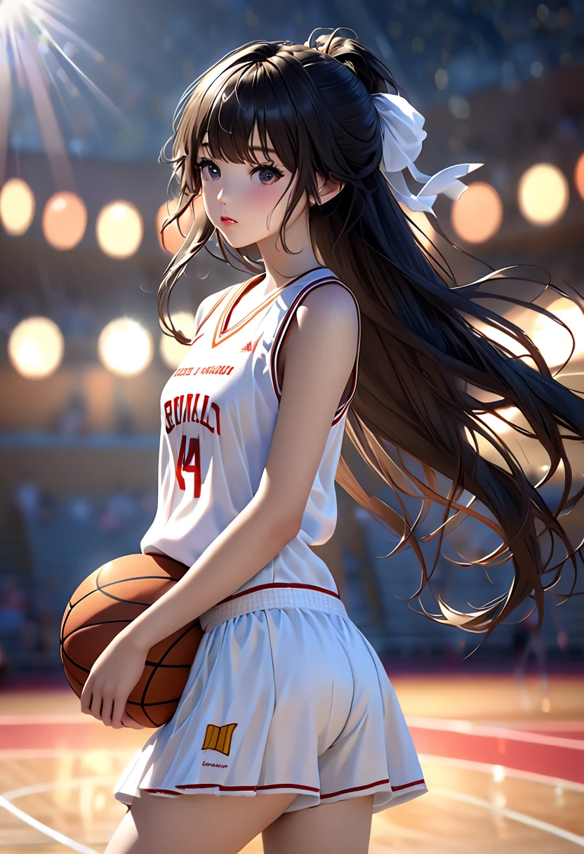 Masterpiece: 1.2, best quality), realistic, (real picture, rich details details, depth of field), (1girl, solo), smile, delicate facial features, makeup, high detail, perfect face shape, (big breasts: 1.4), ( skindentation ), thick thighs, wide hips, thin waist, tall, coral, red lips, red eyes, ponytail, ((basketball girl, transparent basketball suit)))), (sweat: 1.2), (wet), sexy, blushing, sweaty