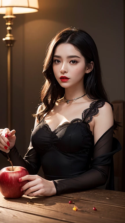 ((top-quality、masterpiece、photographrealistic:1.4、in 8K))、Beautuful Women1a person、21 、beautiful hairl、delicate and beautiful face、Eyes and faces with detailed 、Witch Dress、(eating a apple:1.2)、A smile、Beautiful lighting、Textured skin、Super Detail、high detailing、High quality、hight resolution、(looking at the viewers)、Detailed mouth、cleavage of the breast、Black Dress、full body Esbian、the witch、Luxurious castle rooms、Detailed mouth、Opening Mouth、Opening Mouth、luxury black dress、witch's hat、a blond