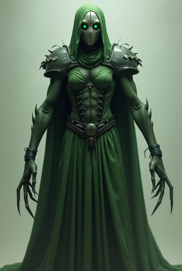 Female Tiefling Thief with green skin, full-length, in black baggy clothes, On a white background
