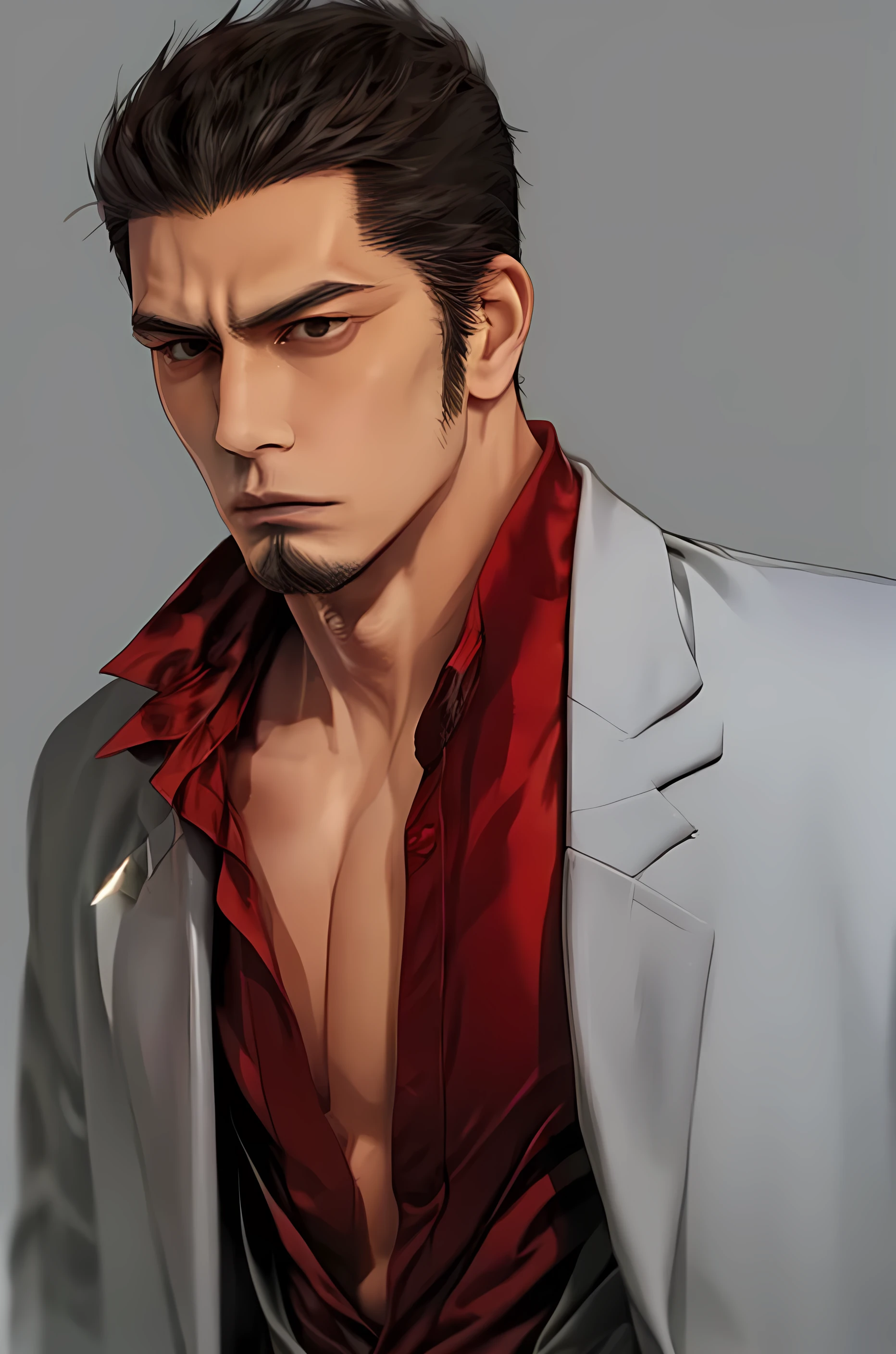 Kiryu Kazuma, gloomy Japanese man, Dragon of Dojima, gray jacket, maroon shirt, unbuttoned collar, balding hair, severe receding hairline, receding hairline!!