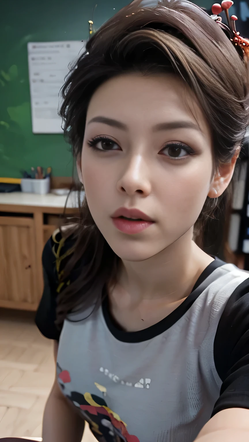 UHD, masterpiece, anatomically correct, super detail, best quality, 8k、((( shot from the front :1.2)))、female teacher、About 40 years old 、elegant long wavy hair、 bright brown hair 、round neck t-shirt、Chin up、Kissing Face:1.4、Open your eyes a little、 Audience :1.8、(( closeup photo with focus on faces))、