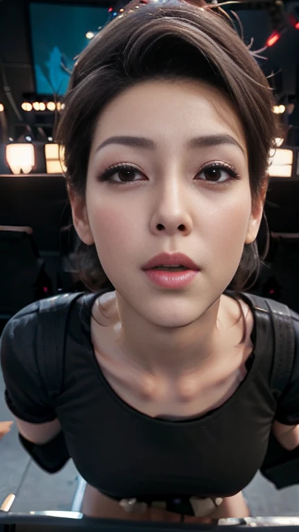A cyberpunk Japanese woman, Hanako Arasaka, serious elegant expression, long black hair, authoritative presence, futuristic environment, neon lights, holograms, 8k, photorealistic, ultra-detailed, high quality, masterpiece, cinematic lighting, intricate details, dramatic pose, atmospheric, dystopian, hyper-realistic, vibrant colors, chiaroscuro, dramatic shadows
