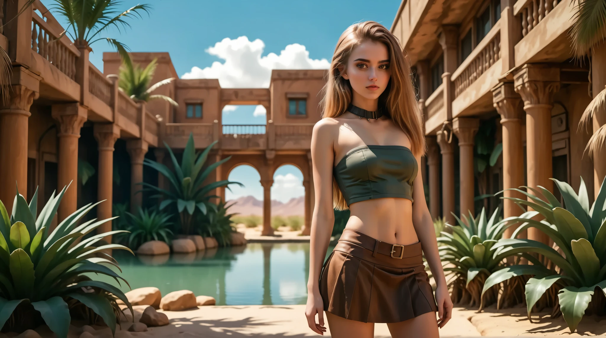 woman wearing an outfit made out of animal furs and a tube top and skirt
BREAK
She’s standing in a oasis. Great scenery.
epic fantasy dystopian sci fi illustration.
BREAK
Perfect anatomy.
perfect hair.
perfect large breast.
perfect body.
perfect hands.
perfect face.
perfect eyes.
accurate.
anatomically correct.
BREAK
Sony A9 II and a 85mm f/1.8 GM lens.
early-morning sunligght.