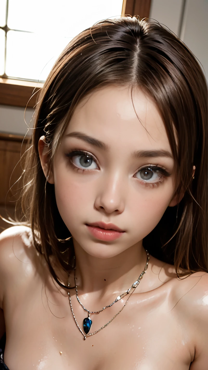 Light brown skin gray eyes long straight hair Beautiful young woman necklace with white stones oval face
