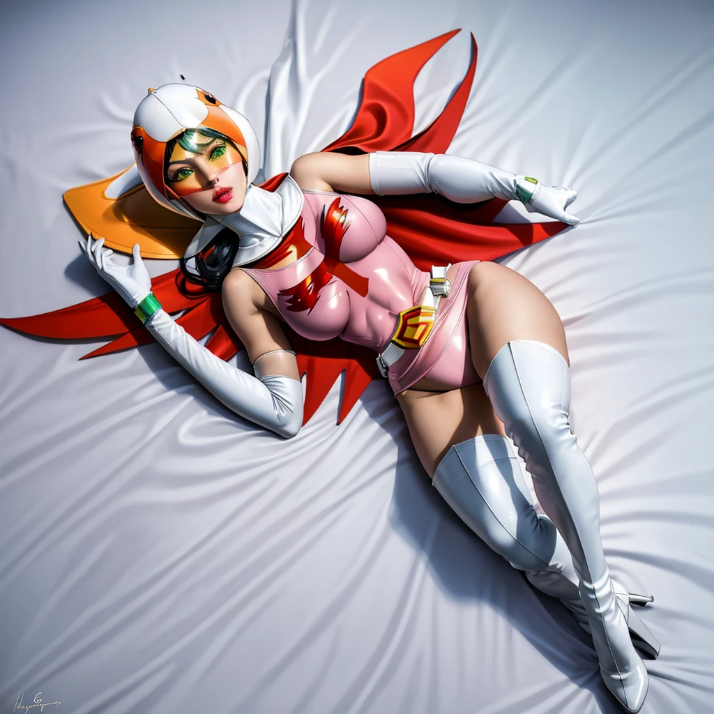 ANI_CLASSIC_jun_gatchaman_ownwaifu,1girl, , good anatomy, masterpiece, best quality, realistic, hyper realistic, 16k hdr,large breasts, lipstick, makeup, gloves, cape, helmet, belt, elbow gloves, white gloves, mask, ultra miniskirt, leotard, spacesuit, white tight overknee highheel boots, pink dress, superhero, bodysuit, cleavage, erected nipples,((lying flat pose, lie on bed,view from above)