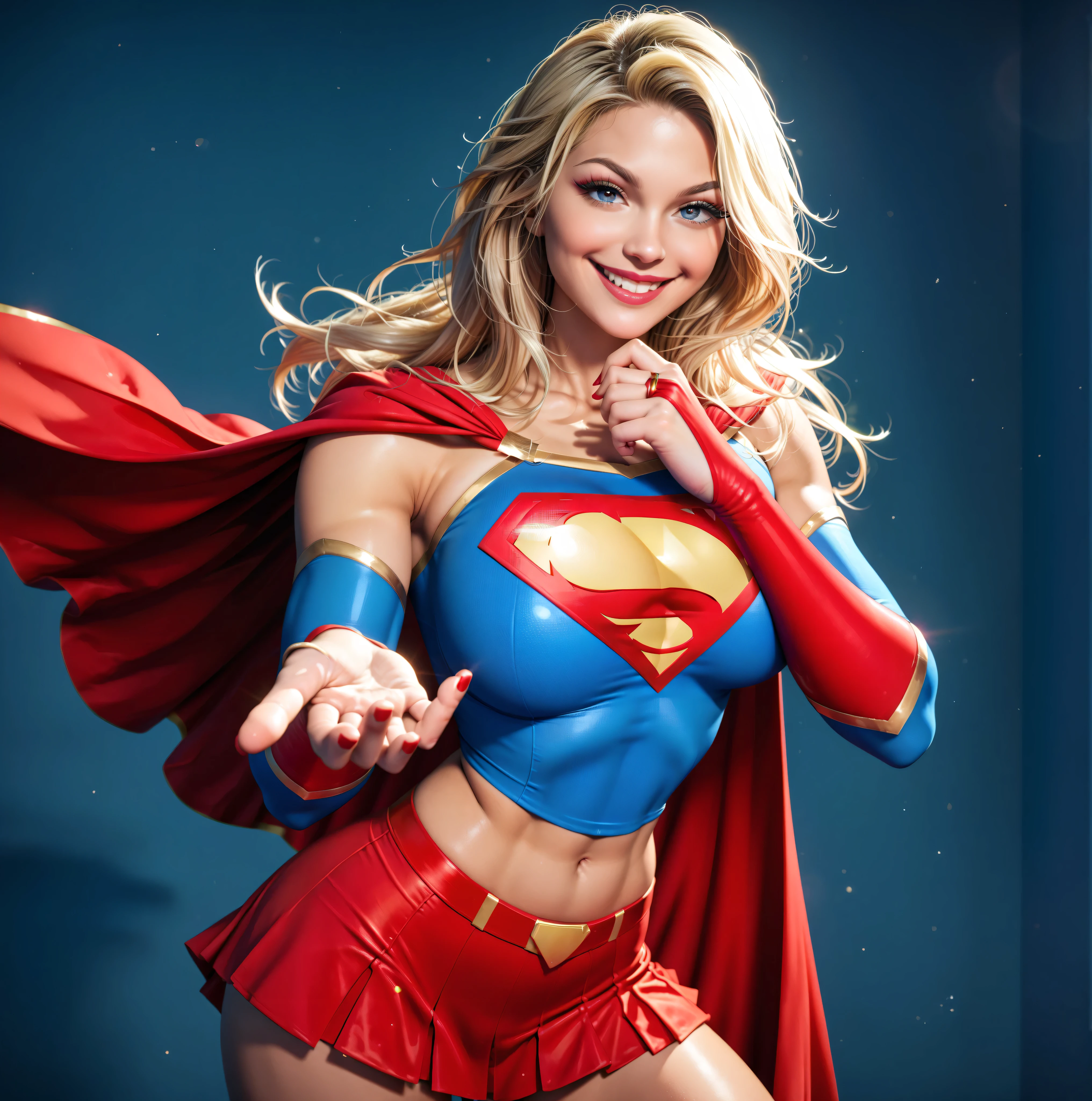 raw photo of a stunning girl, blonde, long flowing blonde hair, Supergirl, Dynamic pose, smug smile, (sexy body:1.3), (feminine hands:1.3), narrow waist, thighs, wide hips, half eye close, eyeliner, eyelashes, perfect face, detailed eyes, facial lighting, gorgeous, looking at viewer (masterpiece, high quality:1.2), flexing biceps, sexy,Long Hair, Looking at viewer, Large breasts, supergirl