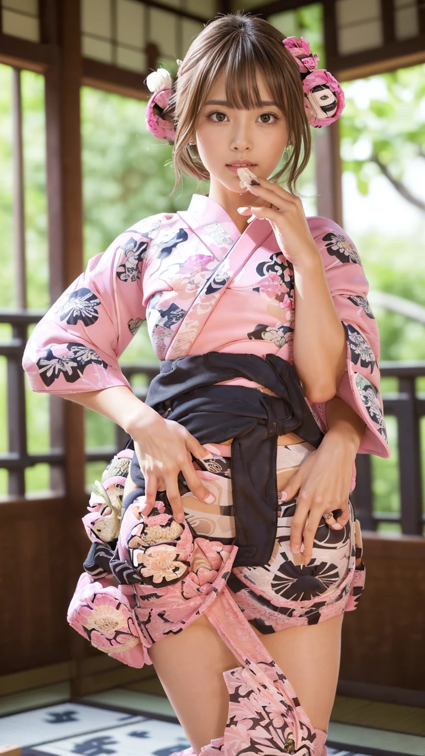 (extra detailed body、extra detailed face、best qualtiy:1.2)、femele、looking at the viewers、(Japan Coming-of-Age Ceremony、Kimono、Fancy makeup)、(Skinny kimono:1.5)、(I see underwear:1.5)