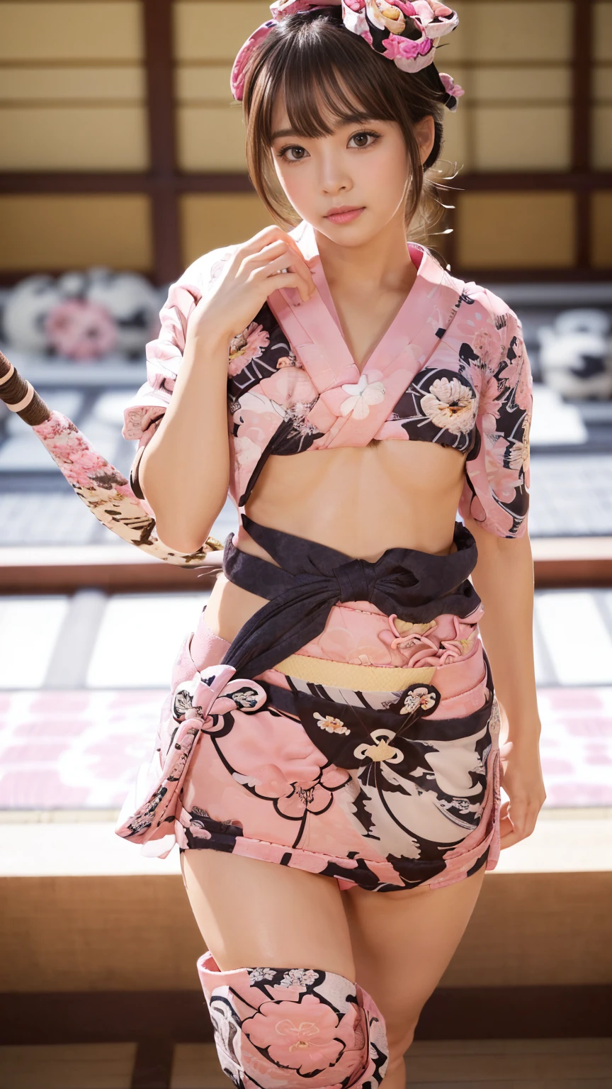 Masterpiece, Best Quality, High Resolution, Venus1, 1Girl, Solo, Tsuko Kamato, Bamboo, Gag, Hair (brown), Plaid Belt, Gag, Gag, Gradient Hair, Hair Ribbon, Haori, Japanese Clothing, Very Short Kimono, Long Hair, Looking at the Audience, Multicolored Hair, Pink Eyes, Very Short Pink Kimono, Pink Ribbon, Ribbon, Solo, (((Masterpiece)), Forehead, Sitting, Cute puffing cheeks, Angry, Eyes wide, hips very wide, thighs very thick, ultra , top less,
