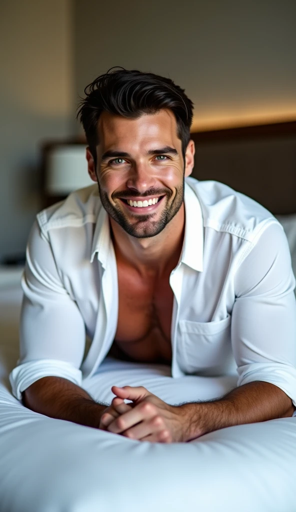 Attractive smiling man, Dark brown hair, Stylish and elegant, Thin, form-fitting briefs,  (Realistic and high quality images), Luxury hotel bed, ((Highest quality, 8k, masterpiece).