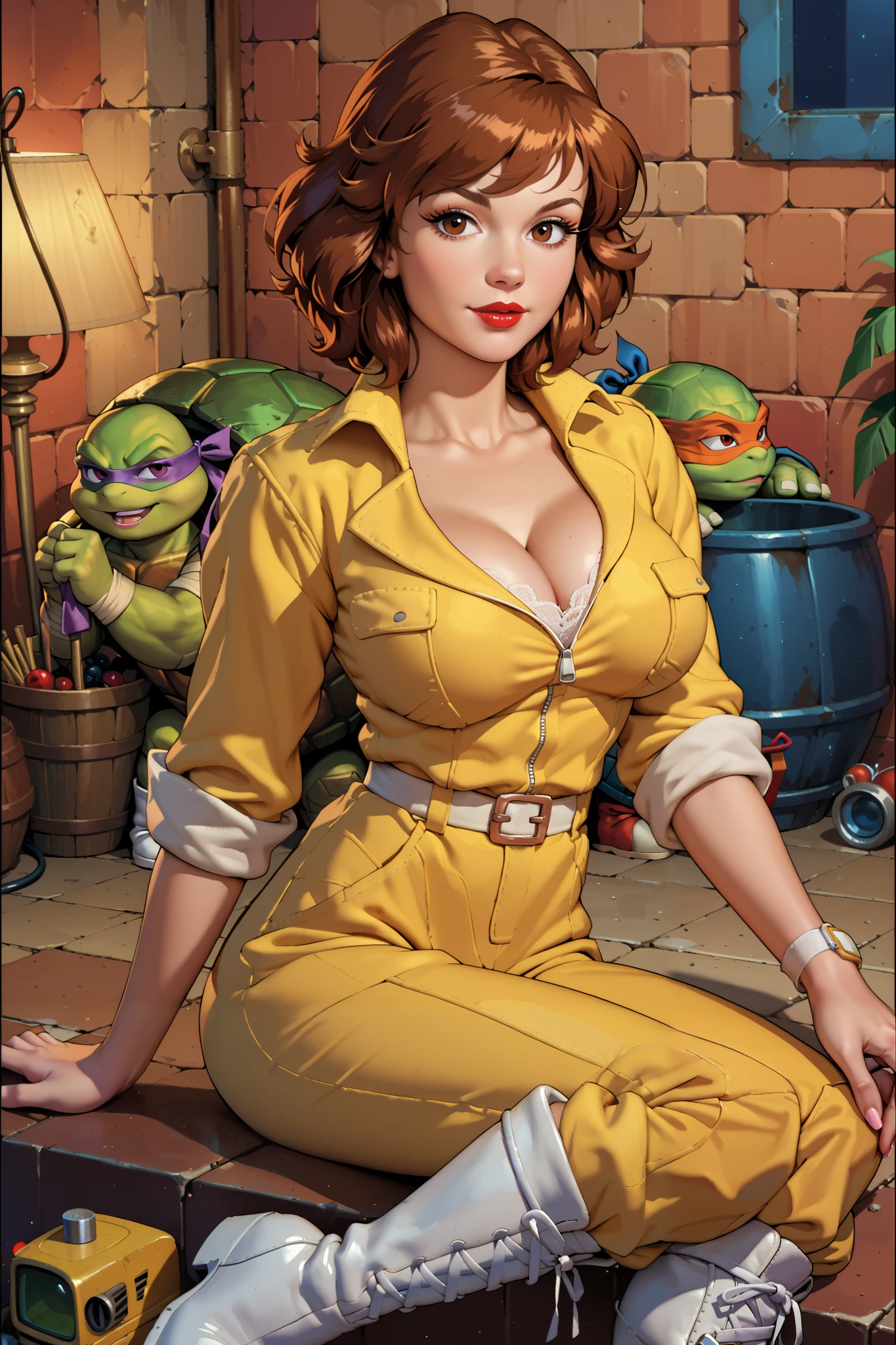 Beautiful young woman, April O'Neal, (beautiful detailed eyes),(long eyelashes), long brown hair, (red lipstick), (brown eyes), yellow jumpsuit (rolled-up sleeves), white boots, (Channel 6 News), (Classic TMNT 1980s cartoon), (High Resolution, Best Quality, Masterpiece, Large breasts,