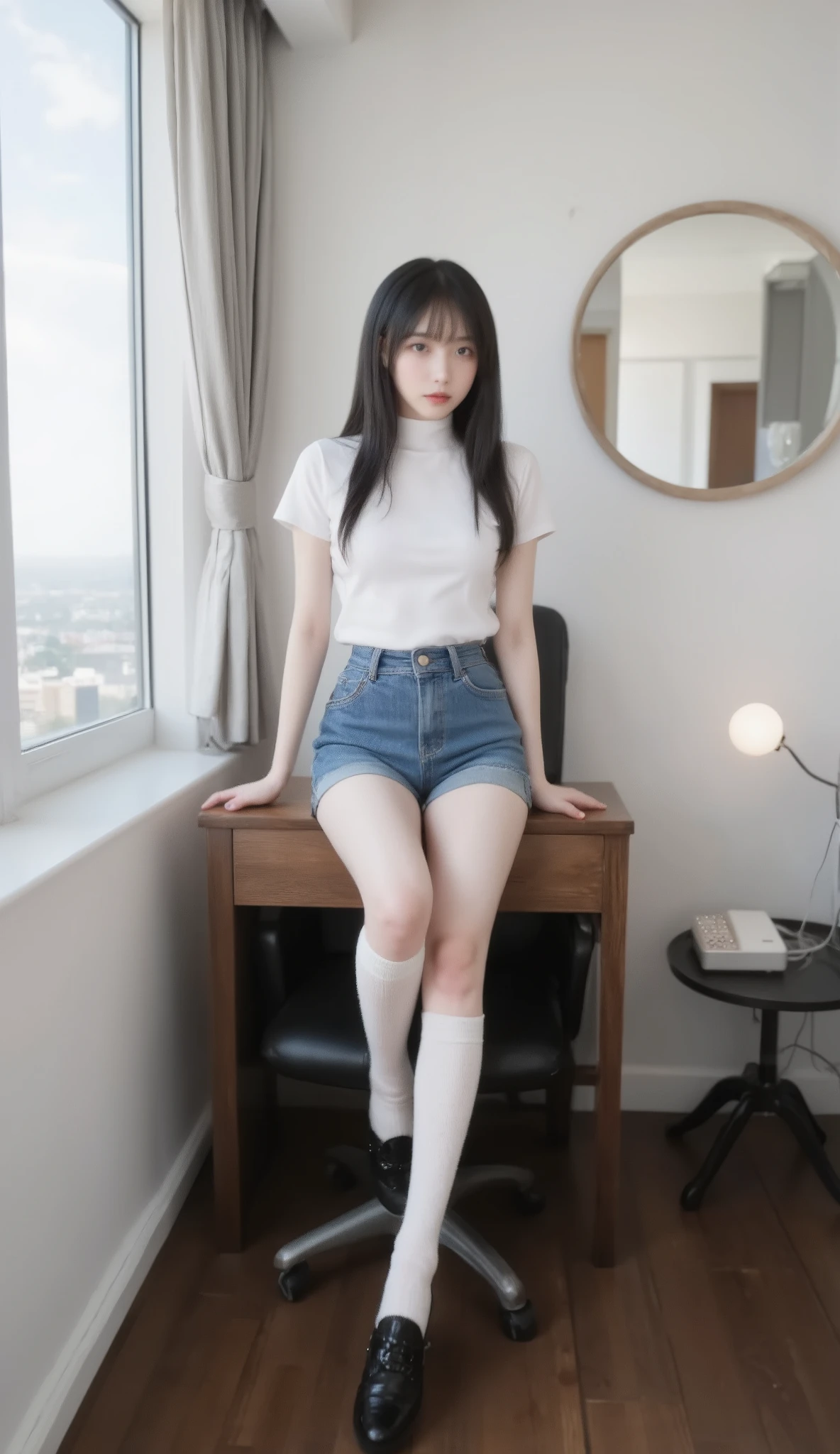 Highest quality、8k、Black knee-high socks、Junior high school girl、20-year-old body、Big Breasts、Cute like an idol、Black knee-high socks、Denim shorts、Spread your legs、View from below、Climb the stairs、Hamipan