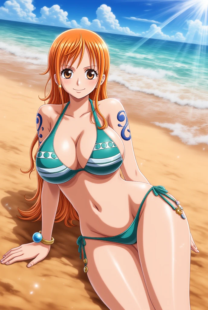 masterpiece, best quality), intricate details, 1 girl, woman, orange hair, nami \ (one piece\), (long hair), clothes, wearing swimsuit, beach, scenery, ((front view)) ((close up shot)) ((solo)), detailed, very high resolution, no blurry image, full body, orange eyes, sligh wavy hair, ((nami from one piece)) ((female nami from one piece)), (swimsuit), ((big breasts)), sexy pose