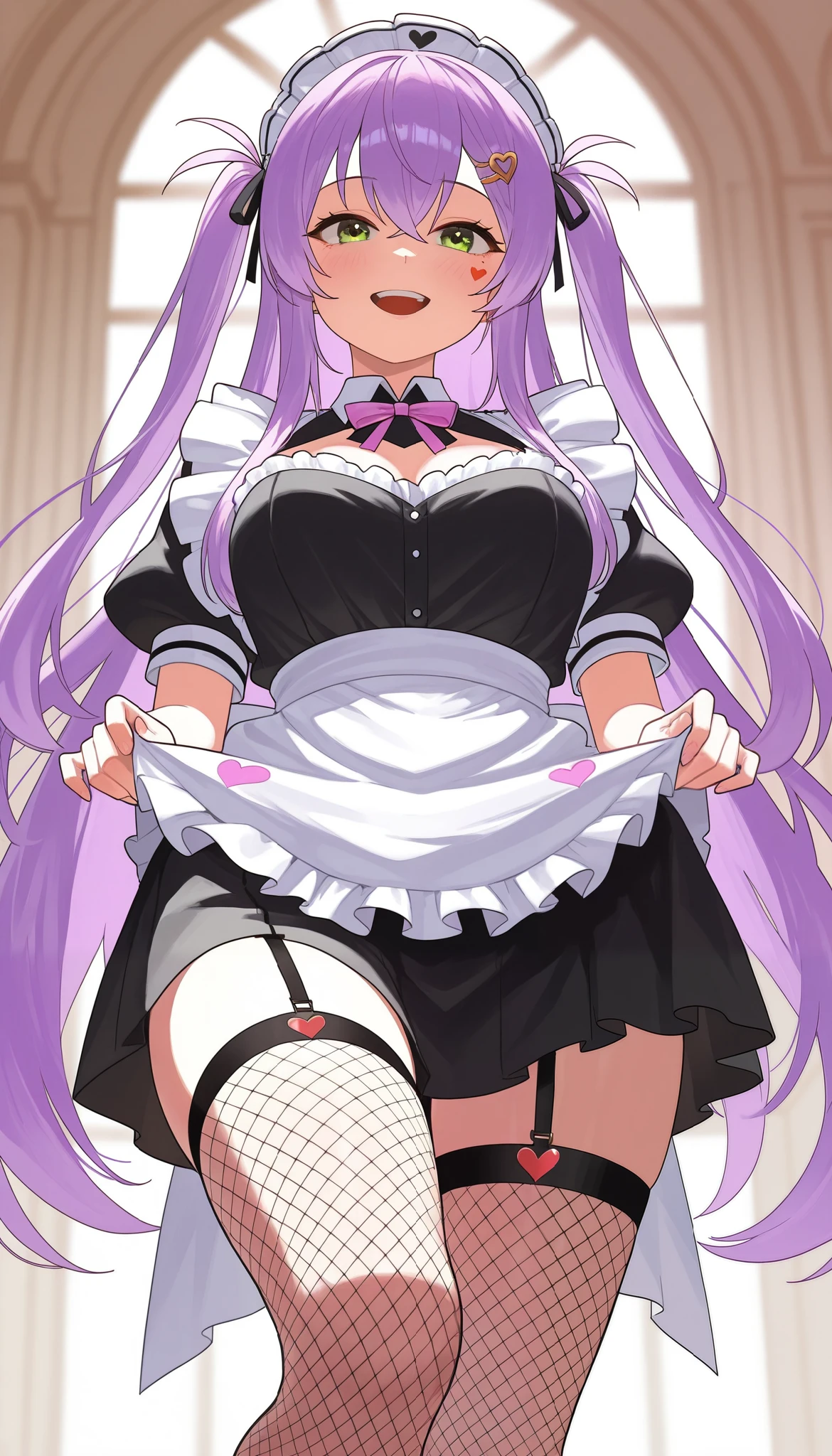 Maid girl whose hair is long enough to reach below the knee、she was wearing fishnet stockings,、A short break、happy、 heart mark