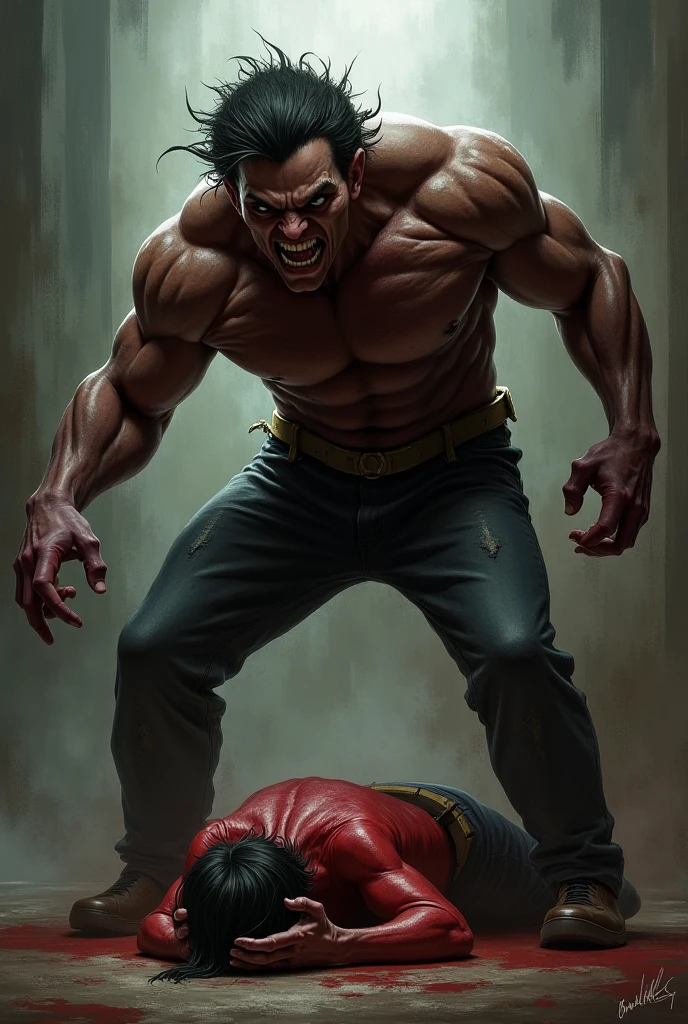 Pitt,a Image Comics 90’s character, muscular,buff,long hair,ponytail,grey darker skin, alien guy,red eyes,big hands,big feet’s,big jaw,great cheeks bones,heavy claws,shirtless, a powerful physique,tired up jeans,heavy chains tied around the body,a tiny black jacket without sleeves and a red collar,standing barefoot in an urban setting, inspired by the style of Marc Silvestri, 90’s comics, masterfully rendered with exceptional detail and realism, vivid colors, and dramatic lighting.
