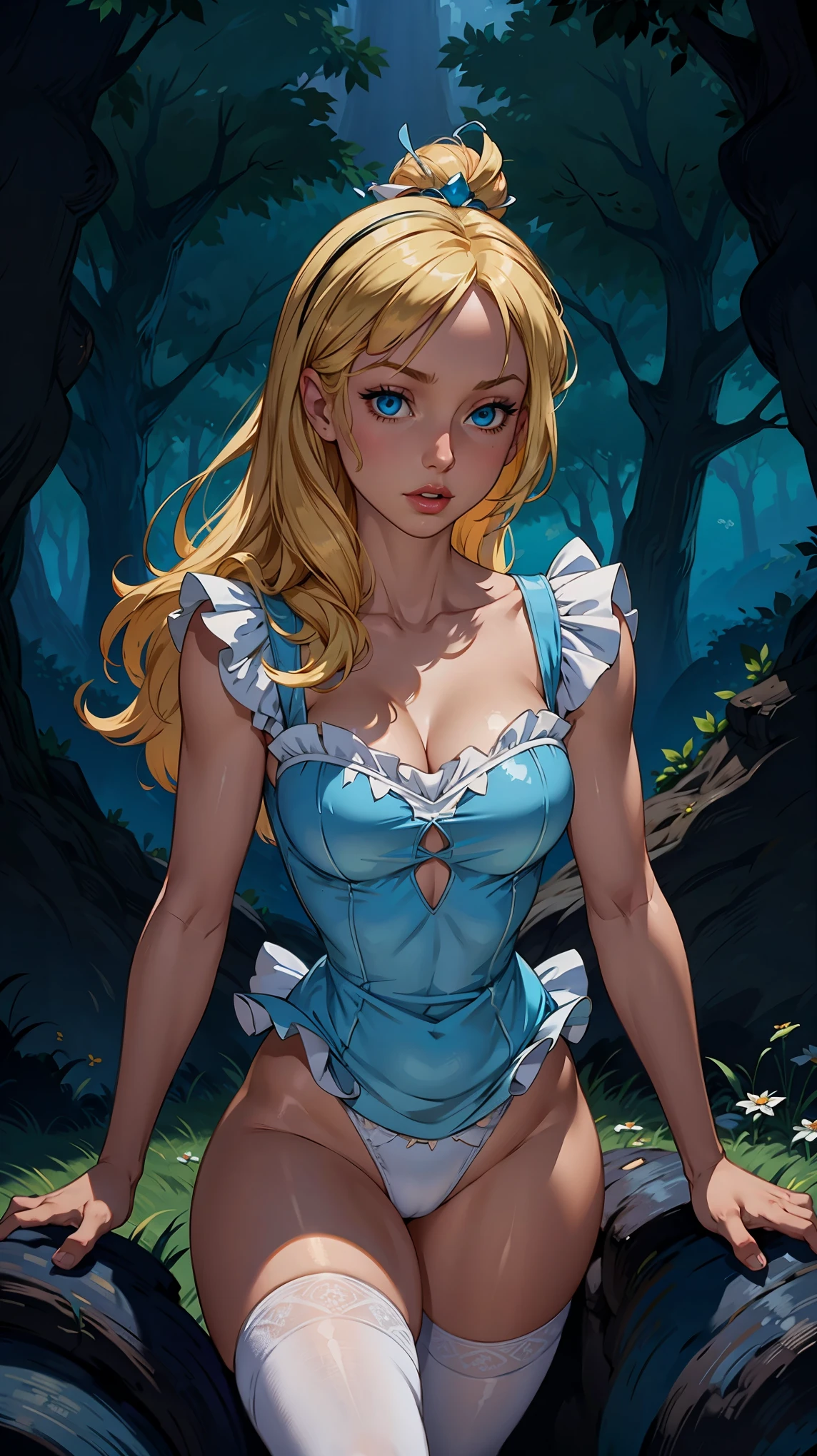 Alice Wonderland, Short transparent blue dress , showing panties, Masterpiece, Best Quality, Large breasts, Blue eyes, Blonde Hair, Looking at viewer,