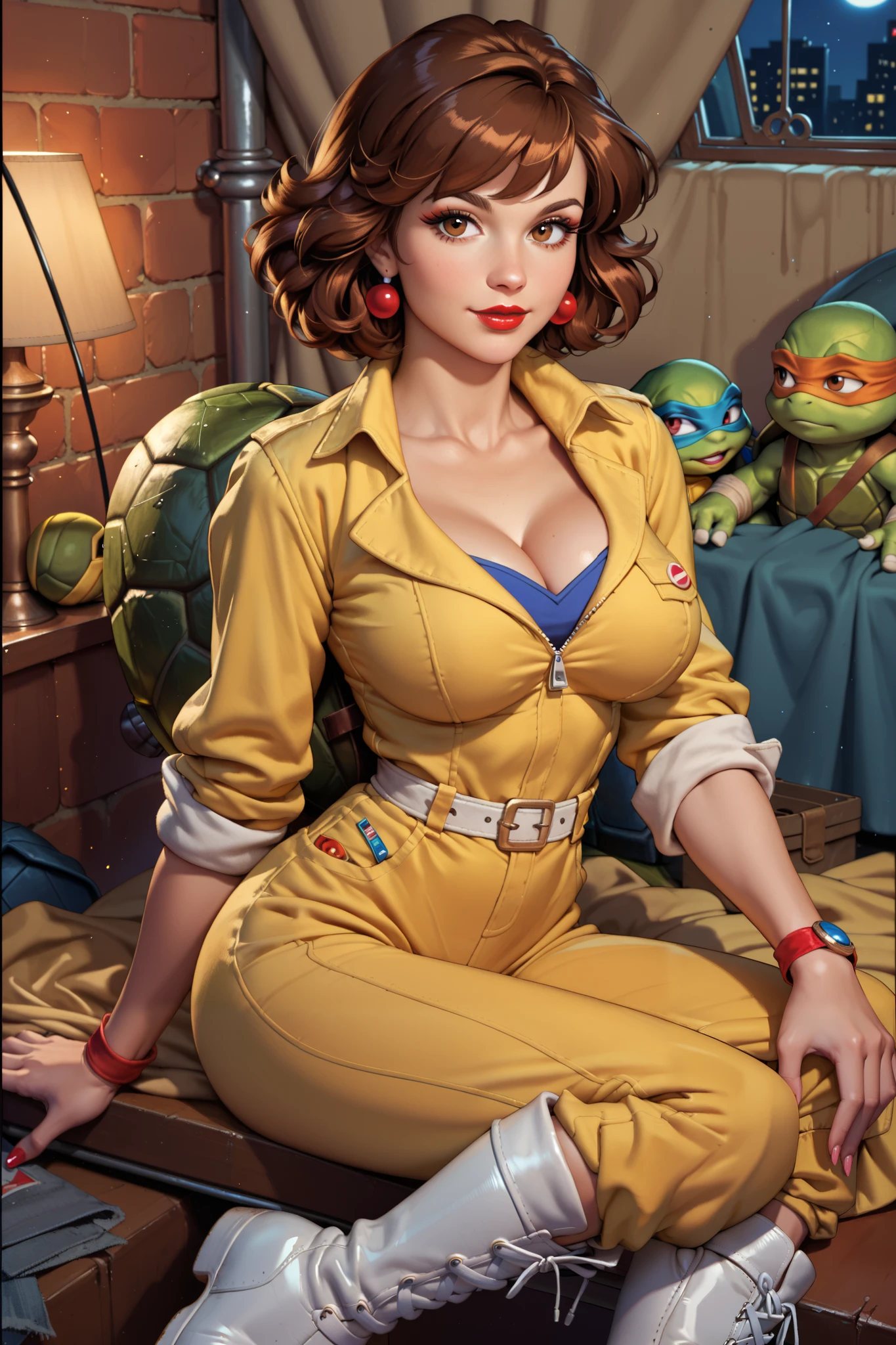 Beautiful young woman, April O'Neal, (beautiful detailed eyes),(long eyelashes), long brown hair, (red lipstick), (brown eyes), yellow jumpsuit (rolled-up sleeves), white boots, (Channel 6 News), (Classic TMNT 1980s cartoon), (High Resolution, Best Quality, Masterpiece, Large breasts,