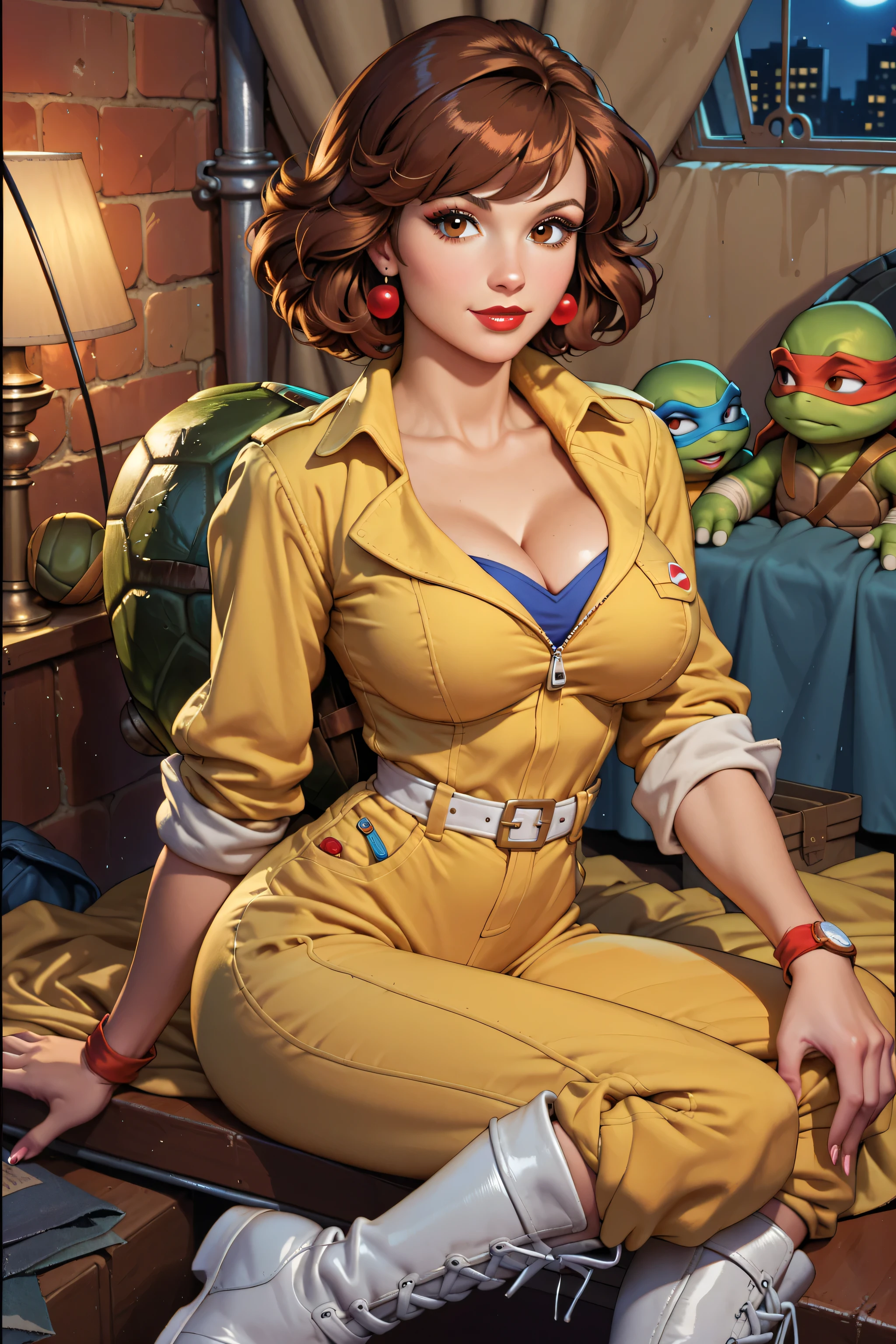 Beautiful young woman, April O'Neal, (beautiful detailed eyes),(long eyelashes), long brown hair, (red lipstick), (brown eyes), yellow jumpsuit (rolled-up sleeves), white boots, (Channel 6 News), (Classic TMNT 1980s cartoon), (High Resolution, Best Quality, Masterpiece, Large breasts,