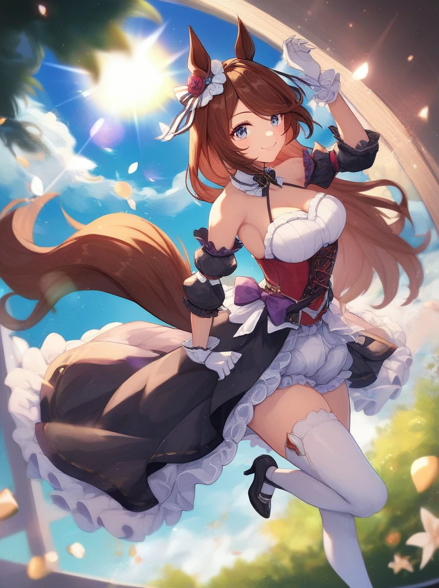 cowboy shot, solo, <lora:martaLualdi:0.8>, marta_lualdi, long hair, hair ornament, blue eyes, hair flower, gloves, brown hair, black thighhighs, detached sleeves, white shirt, black skirt, outdoors, side profile, from side, highres, Digital art, trending on artstation, best quality, insanely detailed, masterpiece, stunning environment, wide-angle,