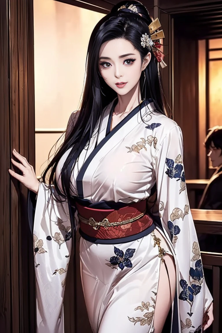 masterpiece, best quality, (pale skin girl: 1.3), (medium ass: 1.1), 1girl. (Kimono:1.2), long black hair,brown eyes,(Japanese temple:0.8), (transparent clothing:0.7), (medium breasts:1.4), (shy smile:0.8), (medium thighs: 1.1)