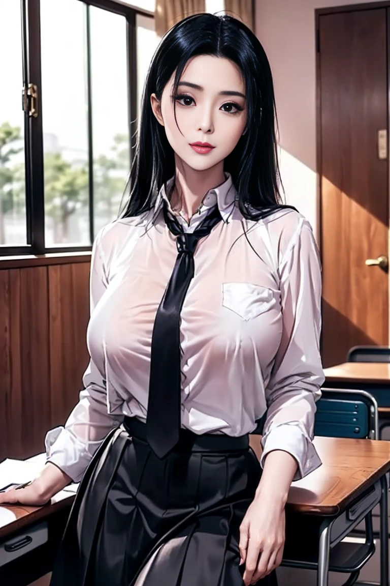 ((high quality)), ((Tabletop)), (Detailed face), (highlight),　Asian Girl、Big breasts、thigh、Black Hair、Heavy bangs、high school girl、skirt、blazer、